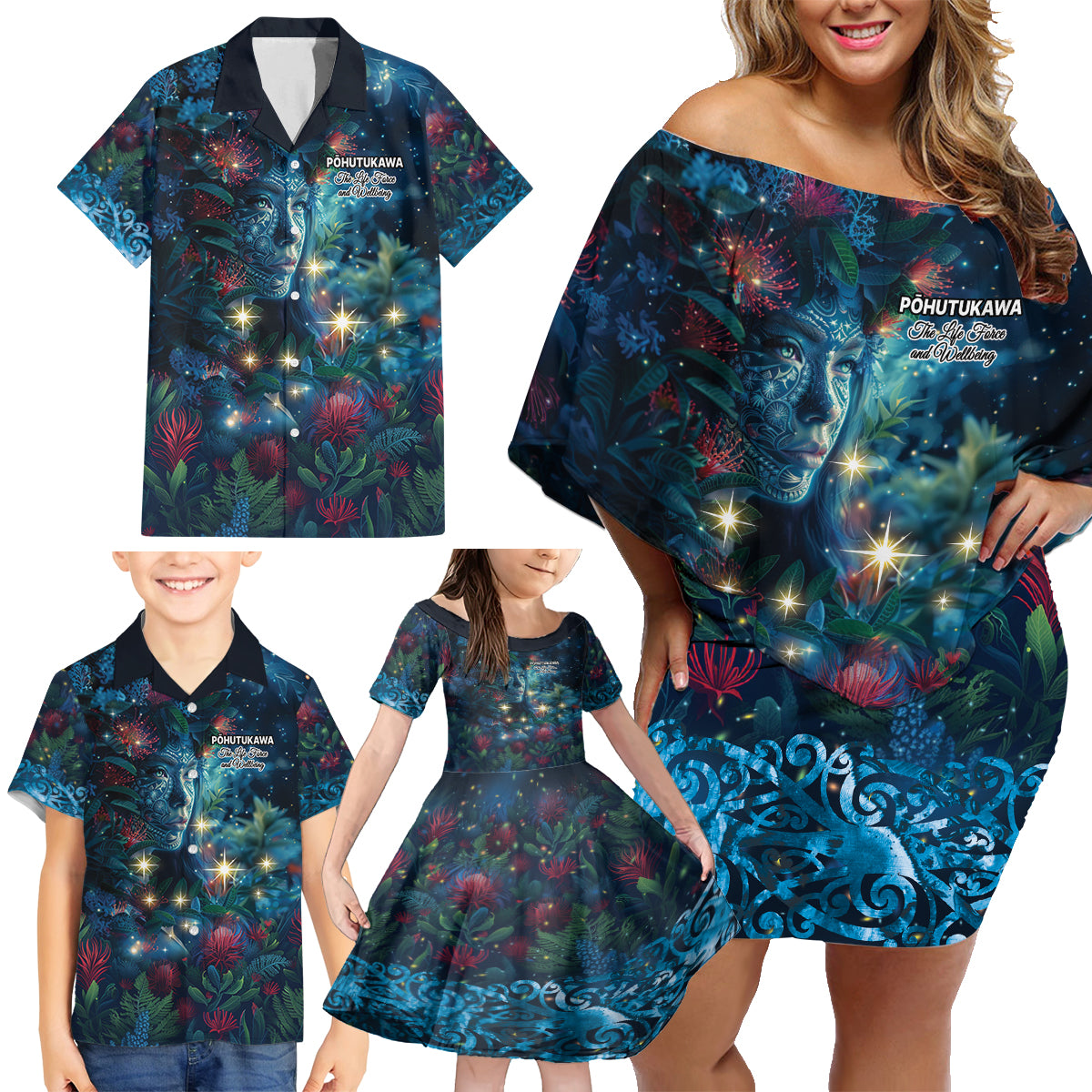 New Zealand Matariki Pohutukawa Family Matching Off Shoulder Short Dress and Hawaiian Shirt Te Mauri te Ora