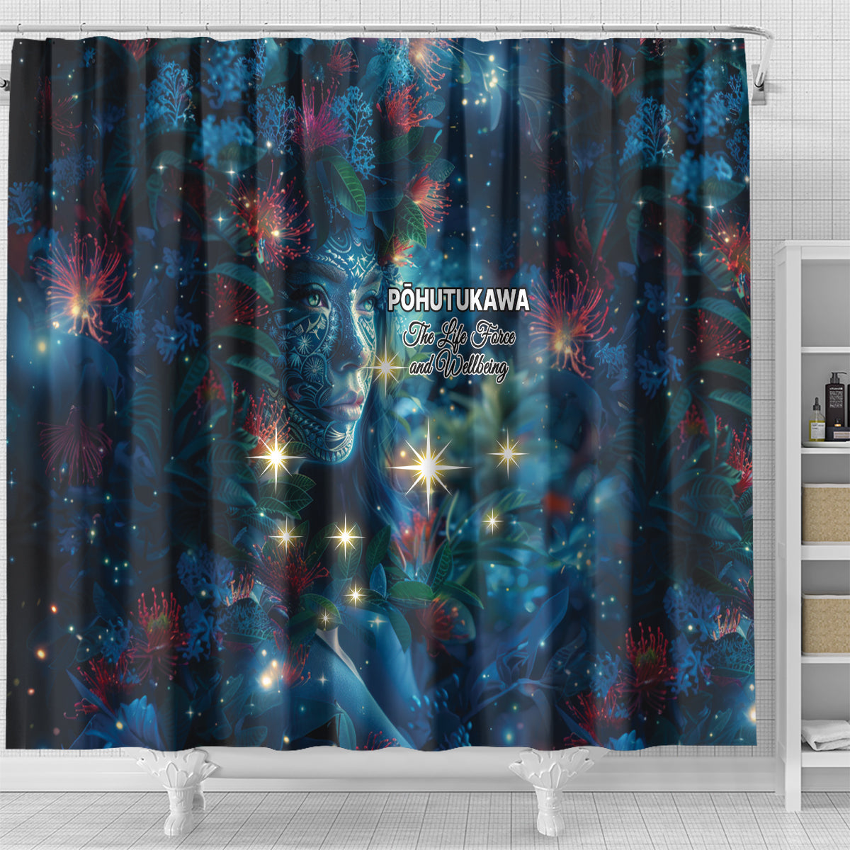 New Zealand Matariki Pohutukawa Shower Curtain Te Mauri te Ora LT9 - Polynesian Pride