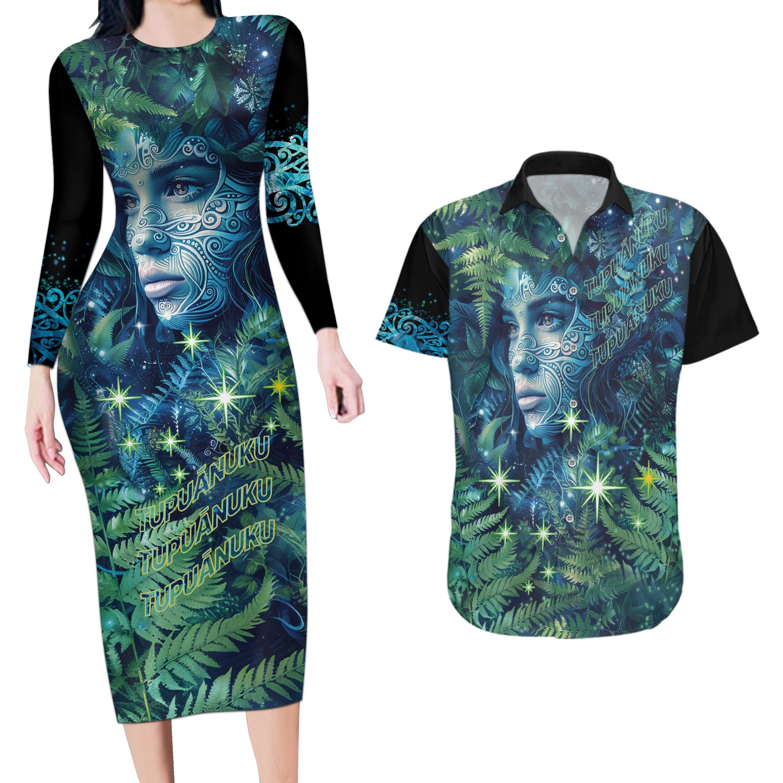 New Zealand Matariki Tupuanuku Couples Matching Long Sleeve Bodycon Dress and Hawaiian Shirt Te Wā o te Hauhake