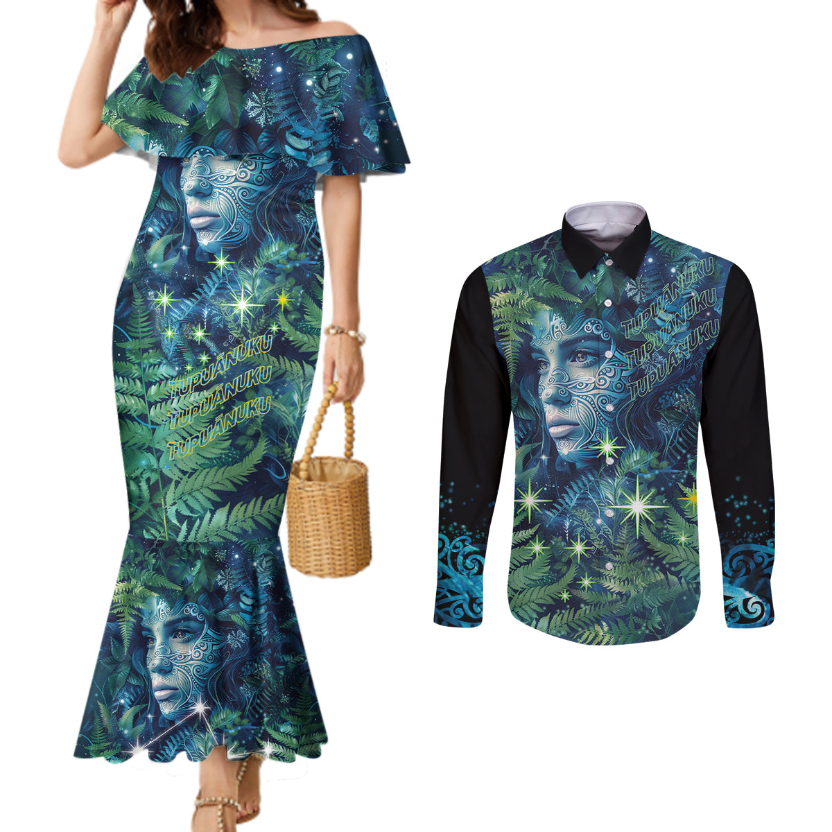 New Zealand Matariki Tupuanuku Couples Matching Mermaid Dress and Long Sleeve Button Shirt Te Wā o te Hauhake