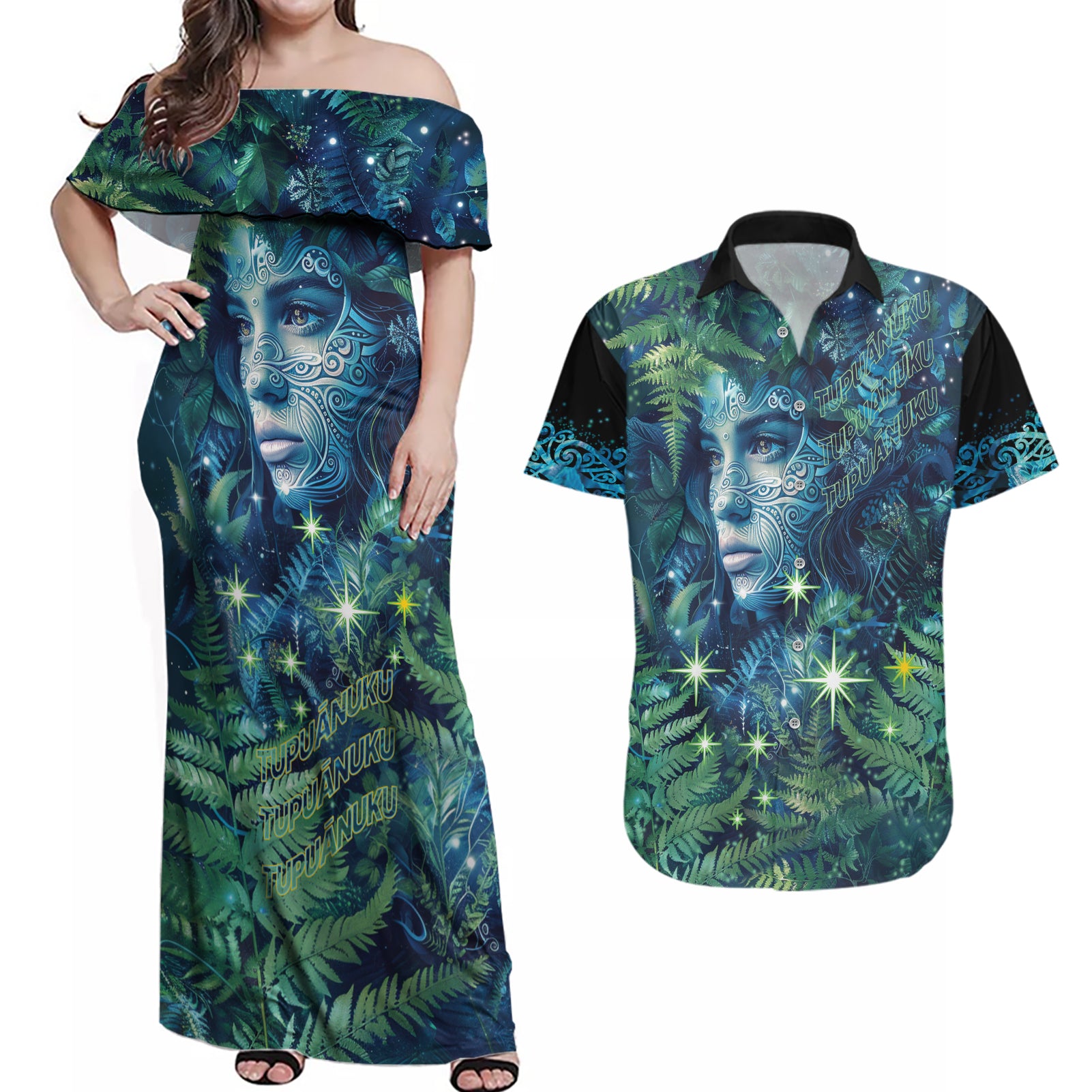 New Zealand Matariki Tupuanuku Couples Matching Off Shoulder Maxi Dress and Hawaiian Shirt Te Wā o te Hauhake