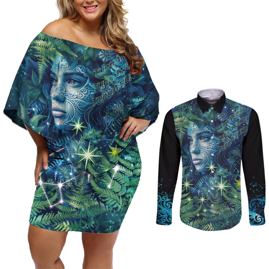 New Zealand Matariki Tupuanuku Couples Matching Off Shoulder Short Dress and Long Sleeve Button Shirt Te Wā o te Hauhake