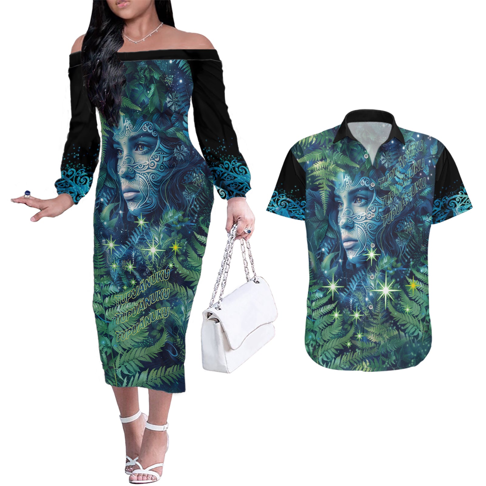 New Zealand Matariki Tupuanuku Couples Matching Off The Shoulder Long Sleeve Dress and Hawaiian Shirt Te Wā o te Hauhake