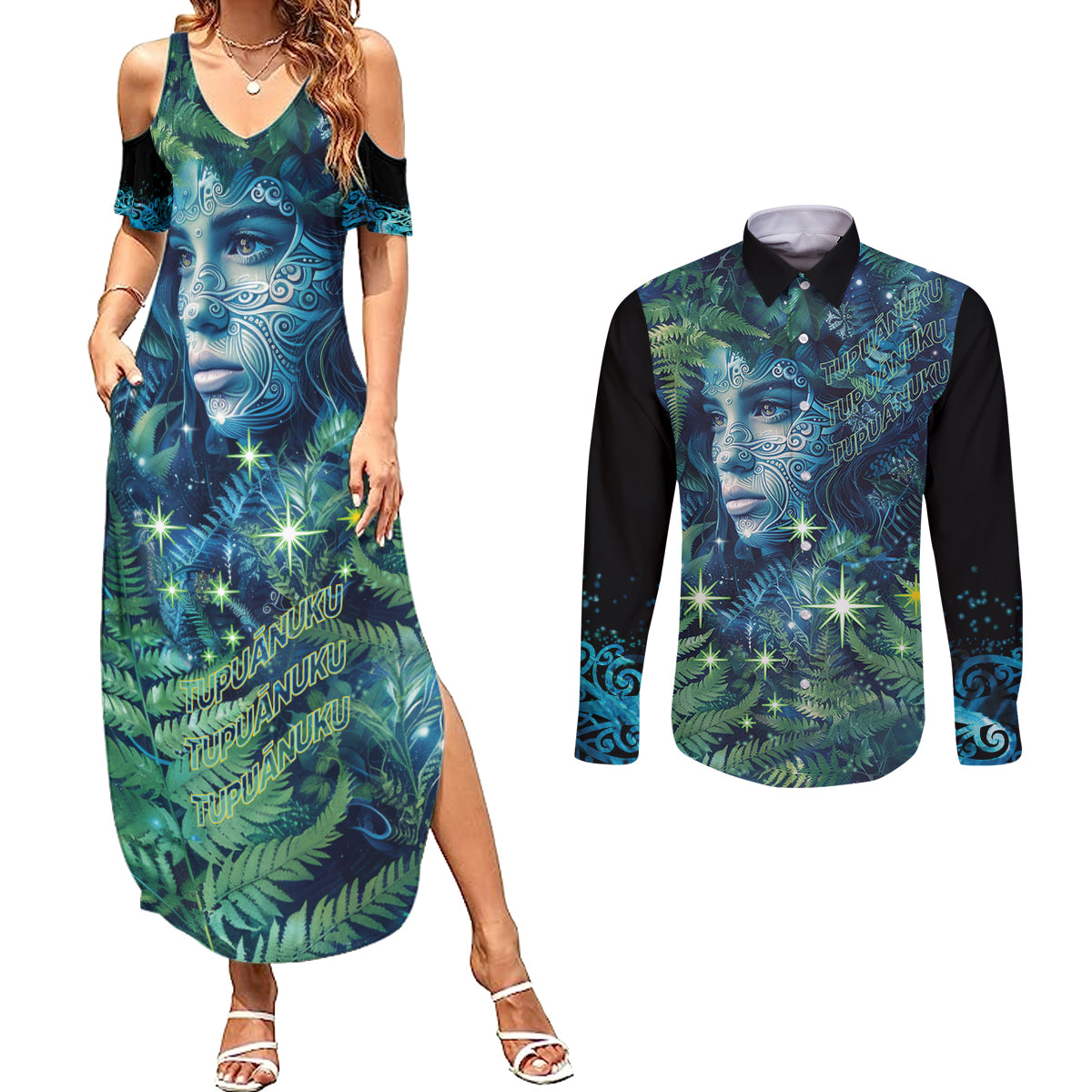 New Zealand Matariki Tupuanuku Couples Matching Summer Maxi Dress and Long Sleeve Button Shirt Te Wā o te Hauhake