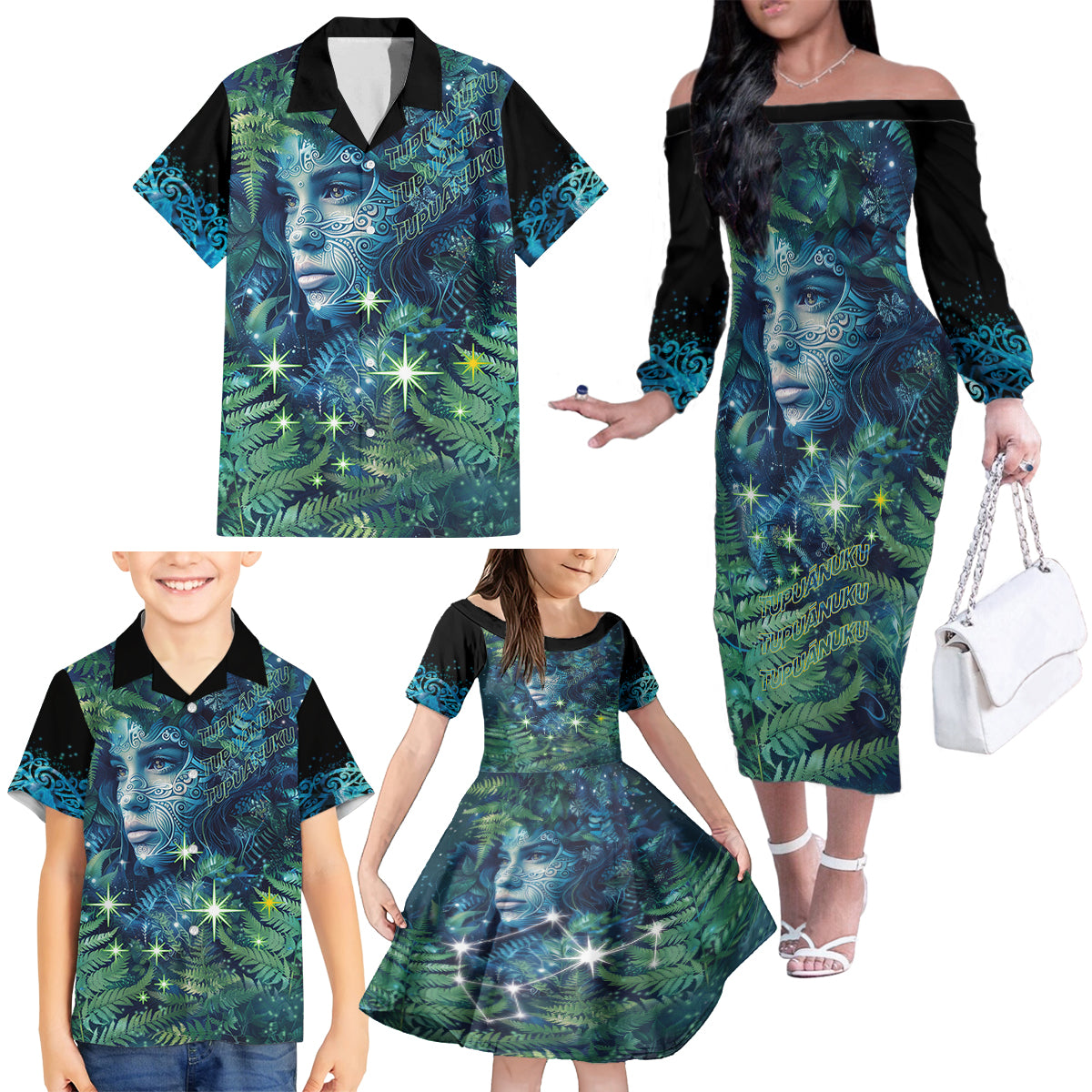 New Zealand Matariki Tupuanuku Family Matching Off The Shoulder Long Sleeve Dress and Hawaiian Shirt Te Wā o te Hauhake