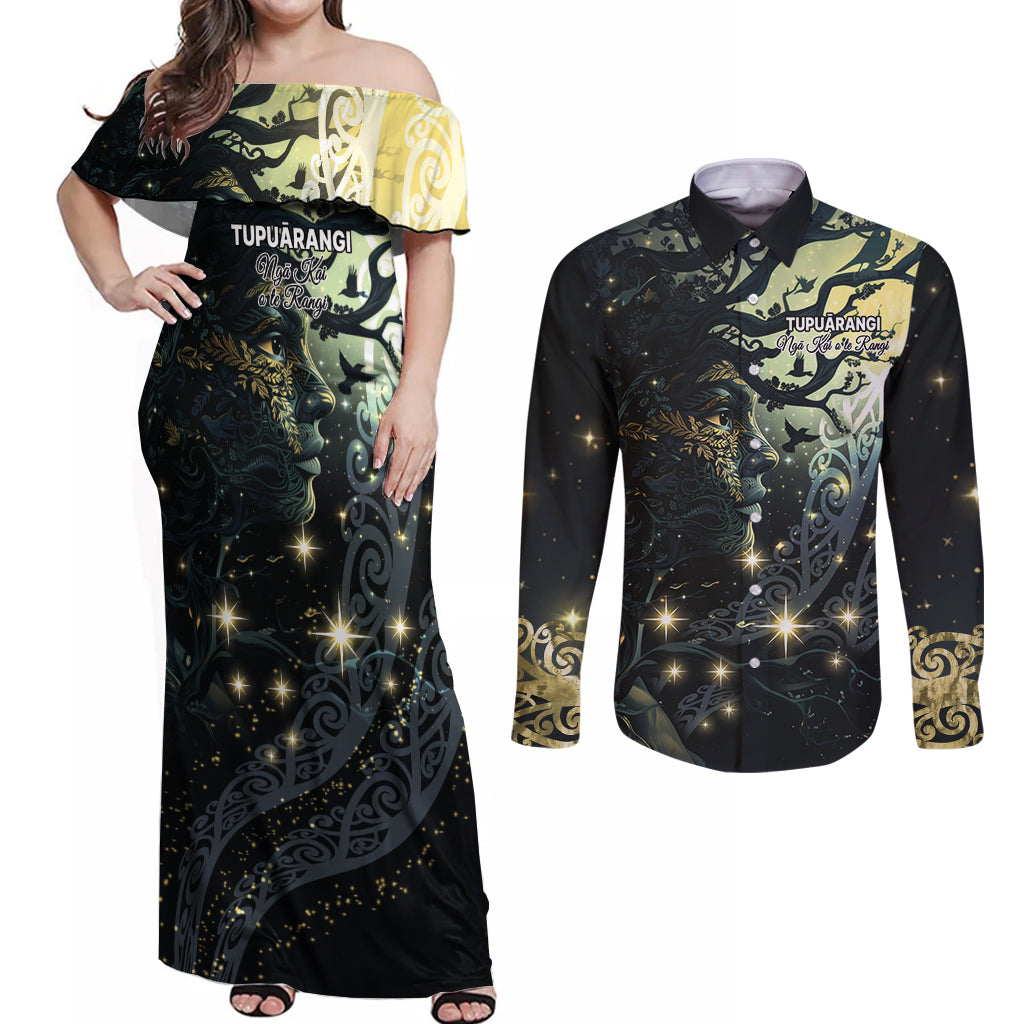 New Zealand Matariki Tupuarangi Couples Matching Off Shoulder Maxi Dress and Long Sleeve Button Shirt Ngā Kai o te Rangi