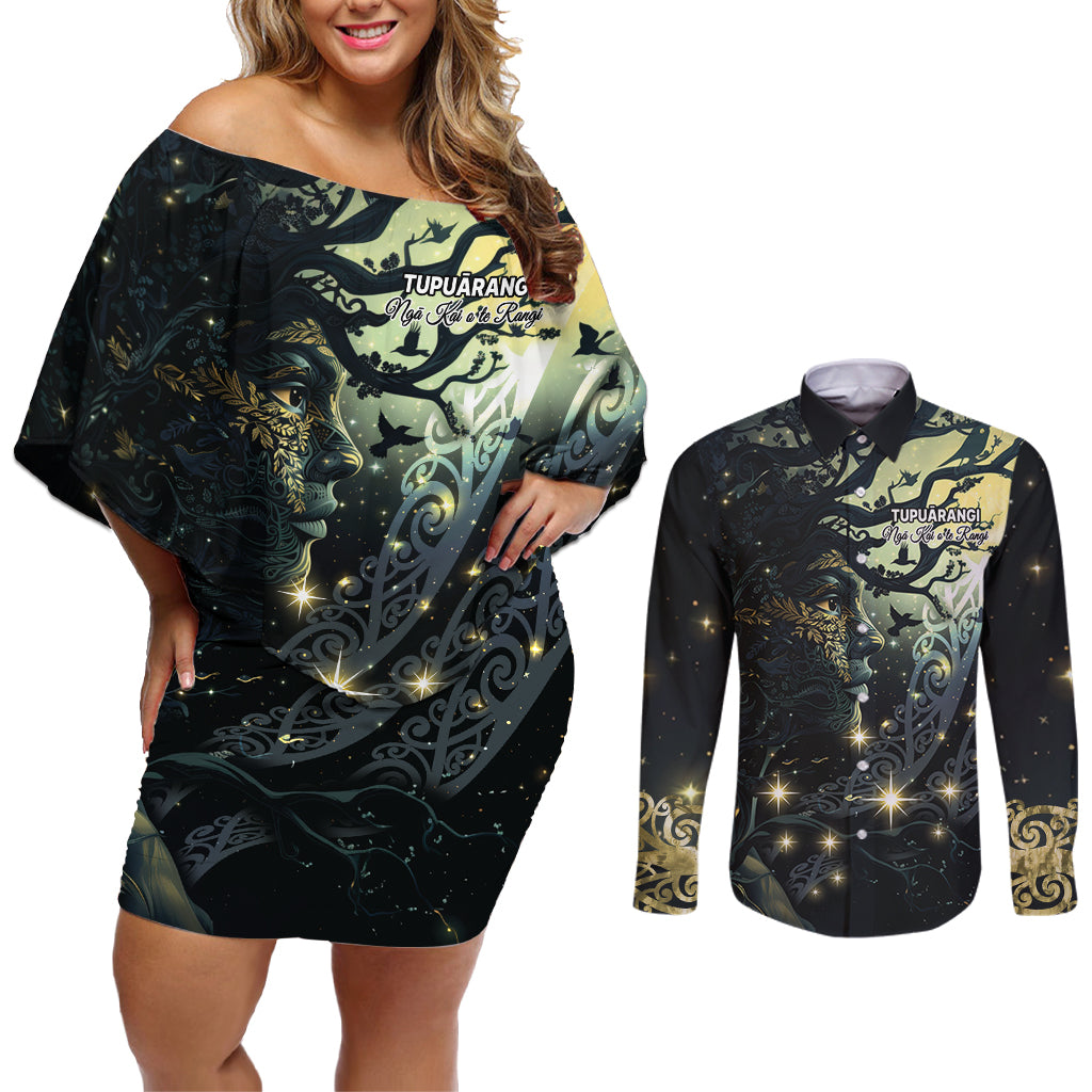 New Zealand Matariki Tupuarangi Couples Matching Off Shoulder Short Dress and Long Sleeve Button Shirt Ngā Kai o te Rangi