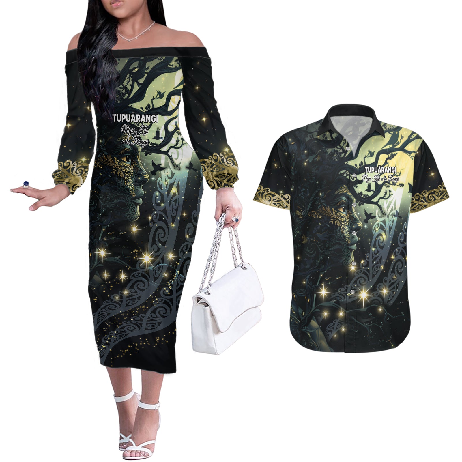 New Zealand Matariki Tupuarangi Couples Matching Off The Shoulder Long Sleeve Dress and Hawaiian Shirt Ngā Kai o te Rangi