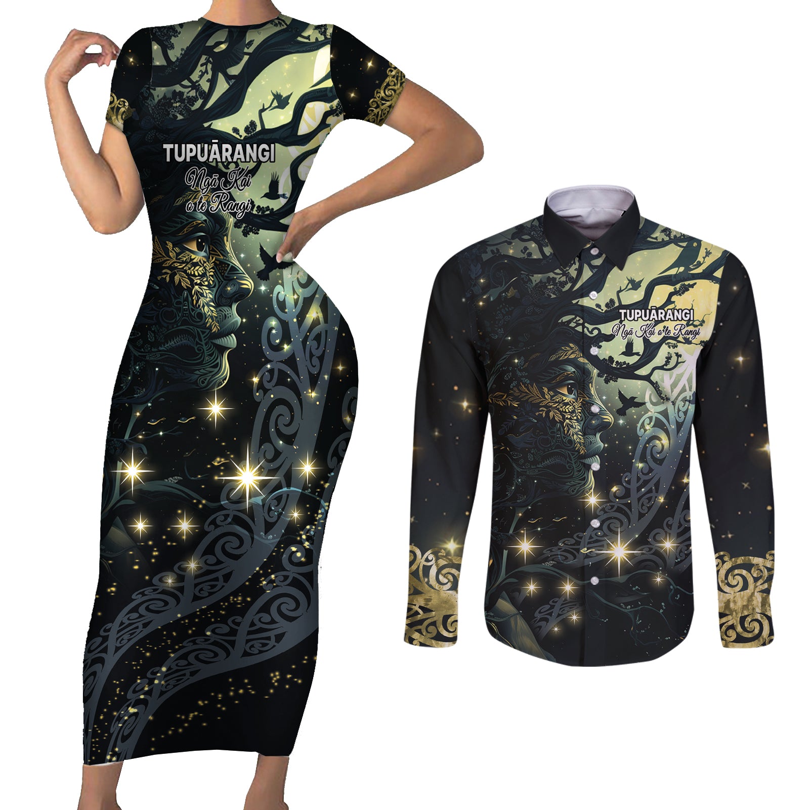 New Zealand Matariki Tupuarangi Couples Matching Short Sleeve Bodycon Dress and Long Sleeve Button Shirt Ngā Kai o te Rangi