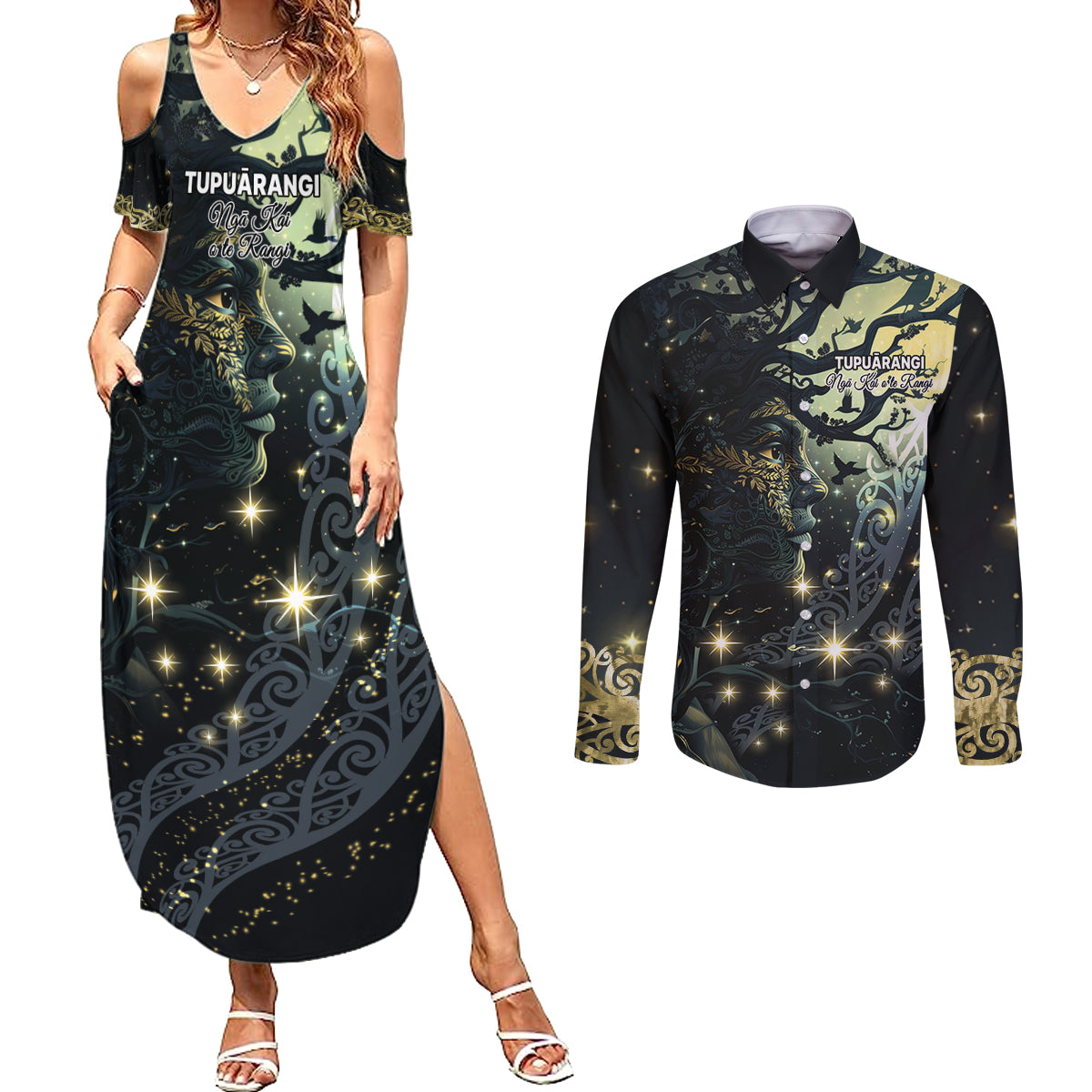 New Zealand Matariki Tupuarangi Couples Matching Summer Maxi Dress and Long Sleeve Button Shirt Ngā Kai o te Rangi