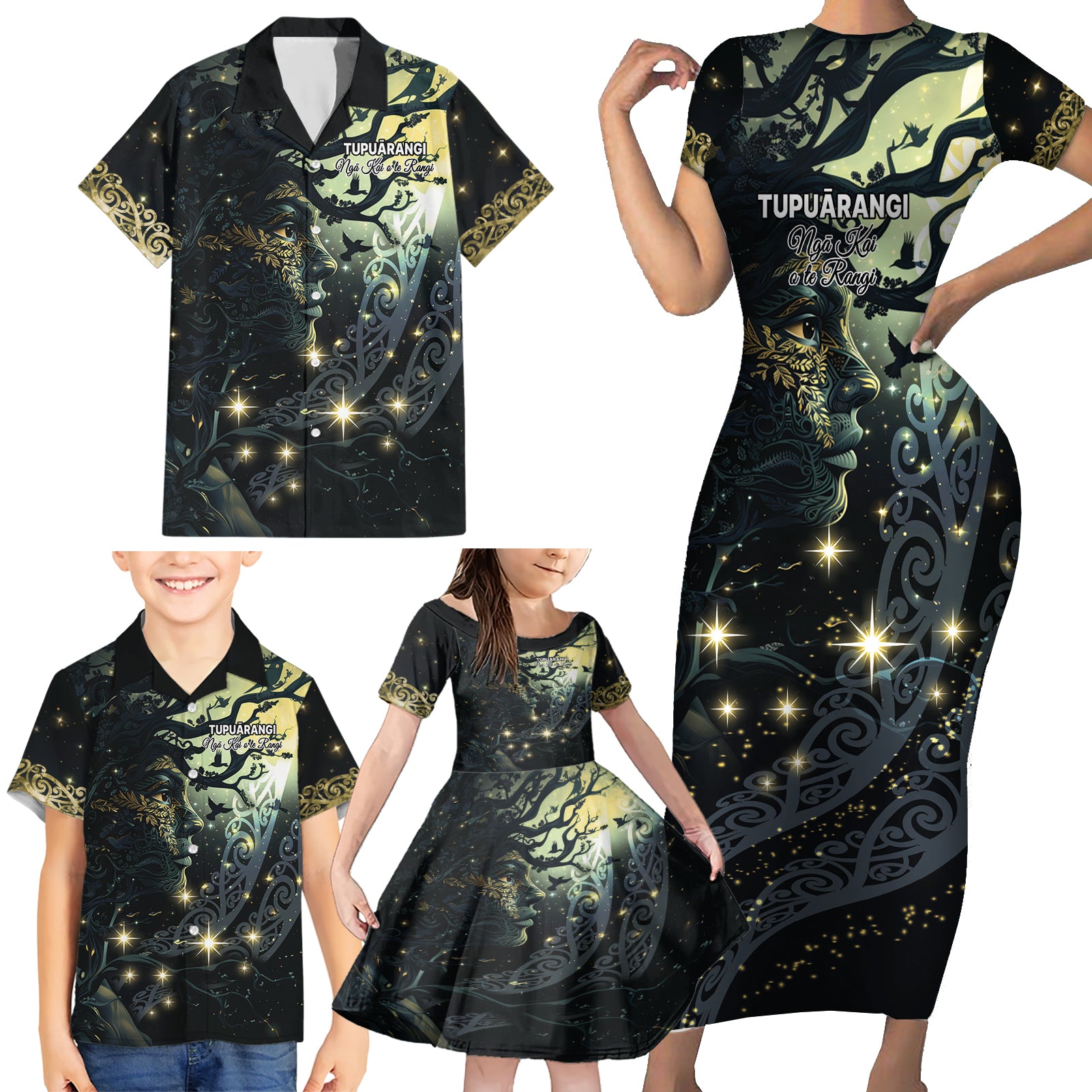 New Zealand Matariki Tupuarangi Family Matching Short Sleeve Bodycon Dress and Hawaiian Shirt Ngā Kai o te Rangi