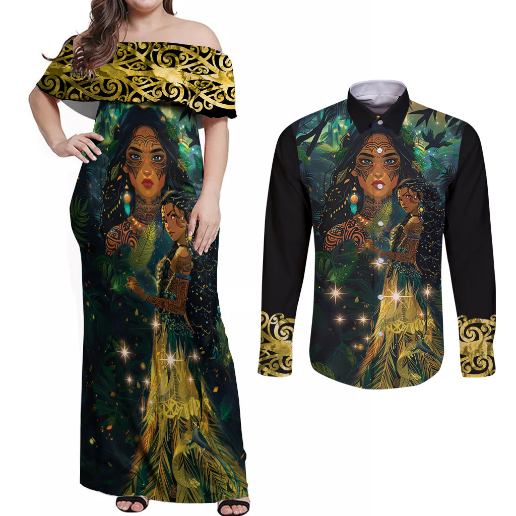 New Zealand Matariki Couples Matching Off Shoulder Maxi Dress and Long Sleeve Button Shirt Rongoā Māori Wellbeing and Good Luck