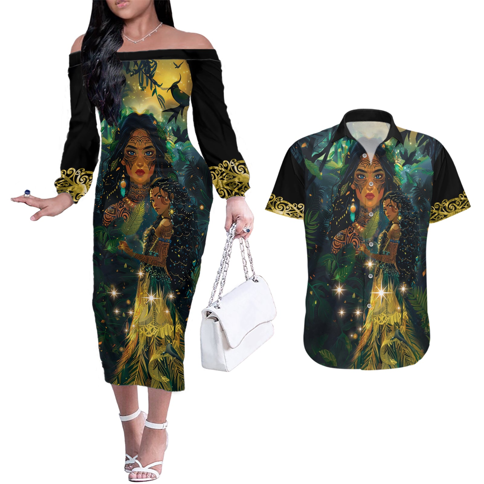 New Zealand Matariki Couples Matching Off The Shoulder Long Sleeve Dress and Hawaiian Shirt Rongoā Māori Wellbeing and Good Luck