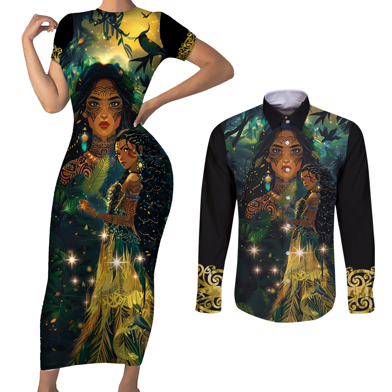 New Zealand Matariki Couples Matching Short Sleeve Bodycon Dress and Long Sleeve Button Shirt Rongoā Māori Wellbeing and Good Luck