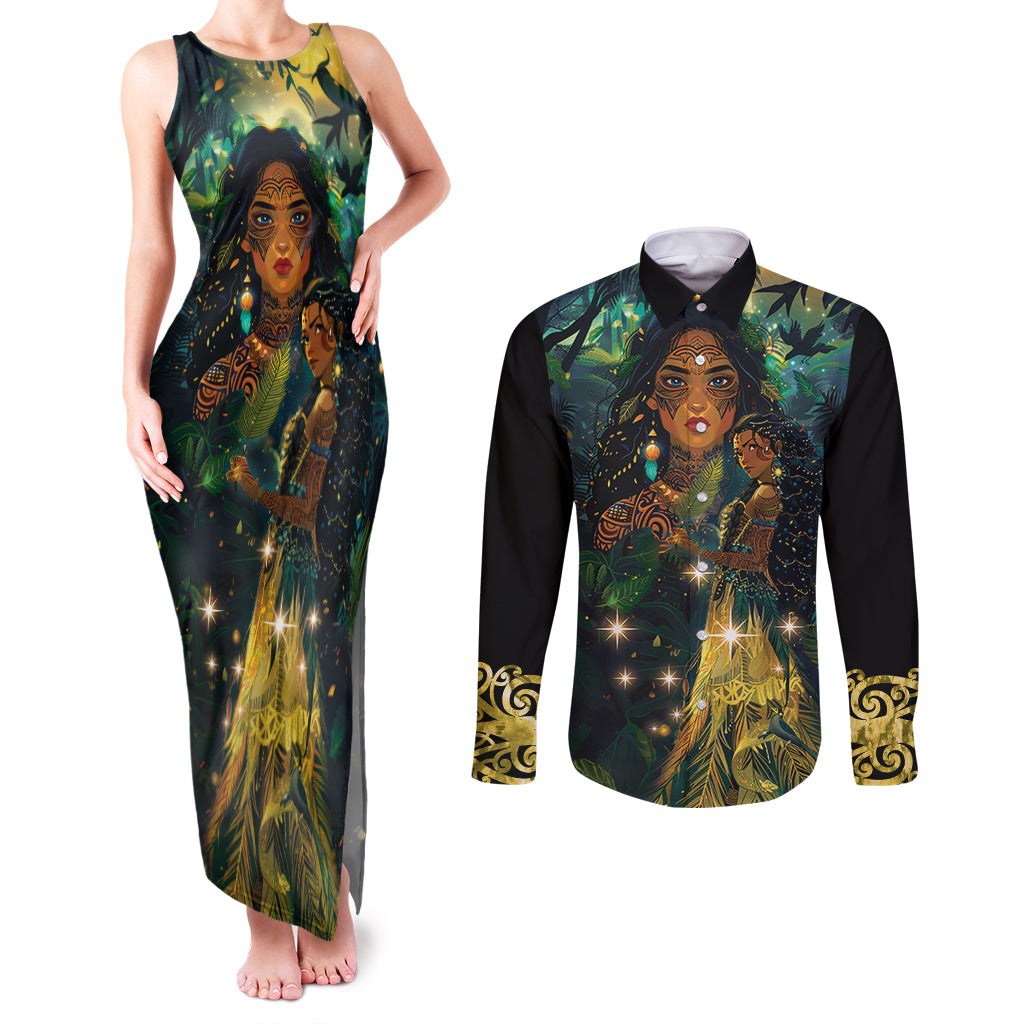 New Zealand Matariki Couples Matching Tank Maxi Dress and Long Sleeve Button Shirt Rongoā Māori Wellbeing and Good Luck