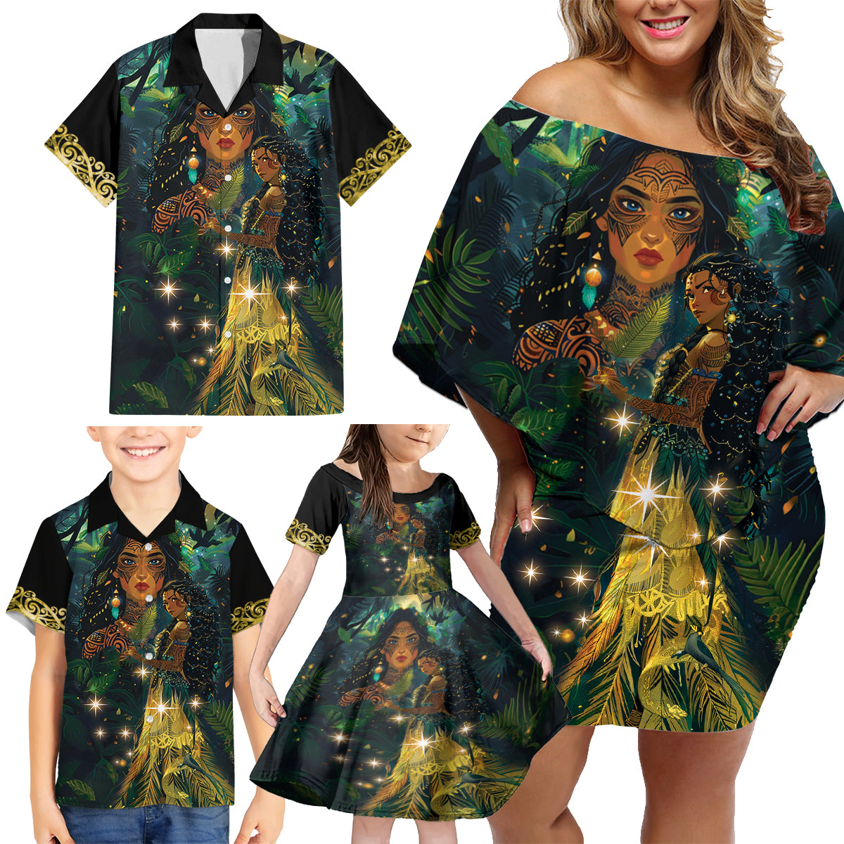 New Zealand Matariki Family Matching Off Shoulder Short Dress and Hawaiian Shirt Rongoā Māori Wellbeing and Good Luck