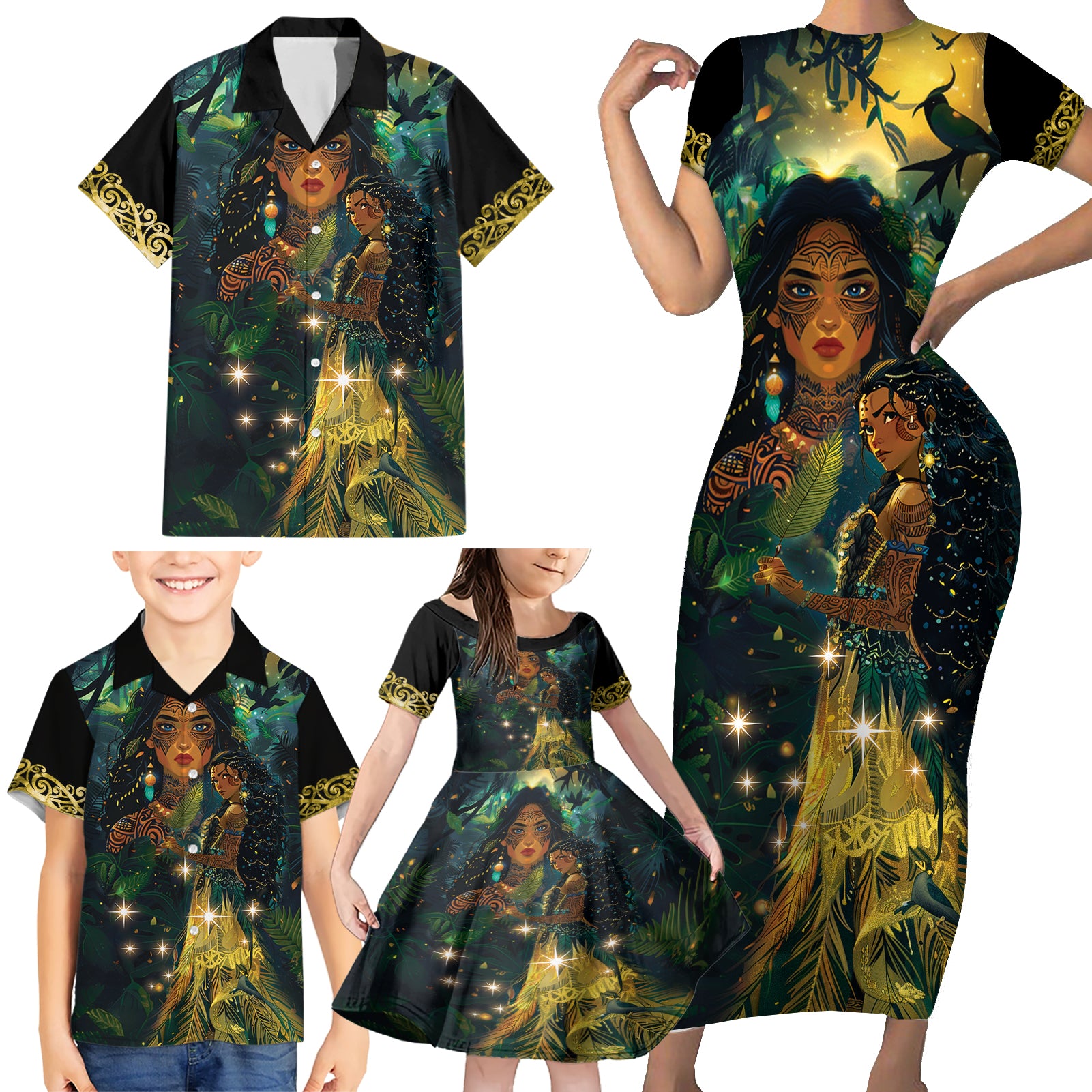 New Zealand Matariki Family Matching Short Sleeve Bodycon Dress and Hawaiian Shirt Rongoā Māori Wellbeing and Good Luck