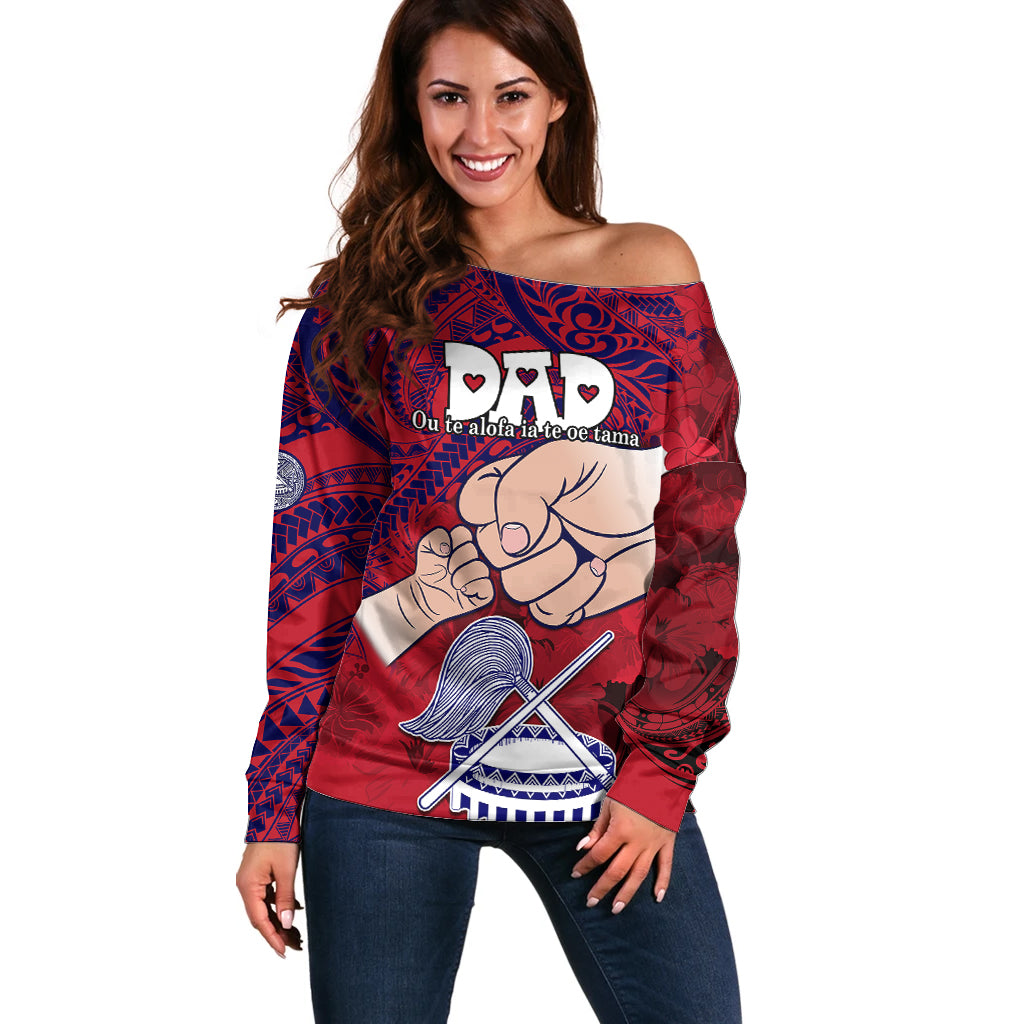 Personalised Dads Day American Samoa Off Shoulder Sweater Dad Ou Te Alofa Ia Te Oe Tama - Polynesian Flowers Tribal LT9 Women Red - Polynesian Pride