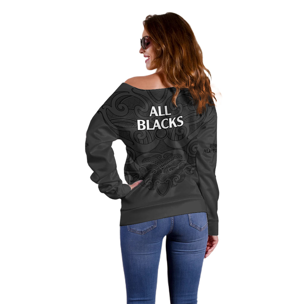 New Zealand Rugby Off Shoulder Sweater All Black Fern with Maori Tribal Pattern LT9 - Polynesian Pride