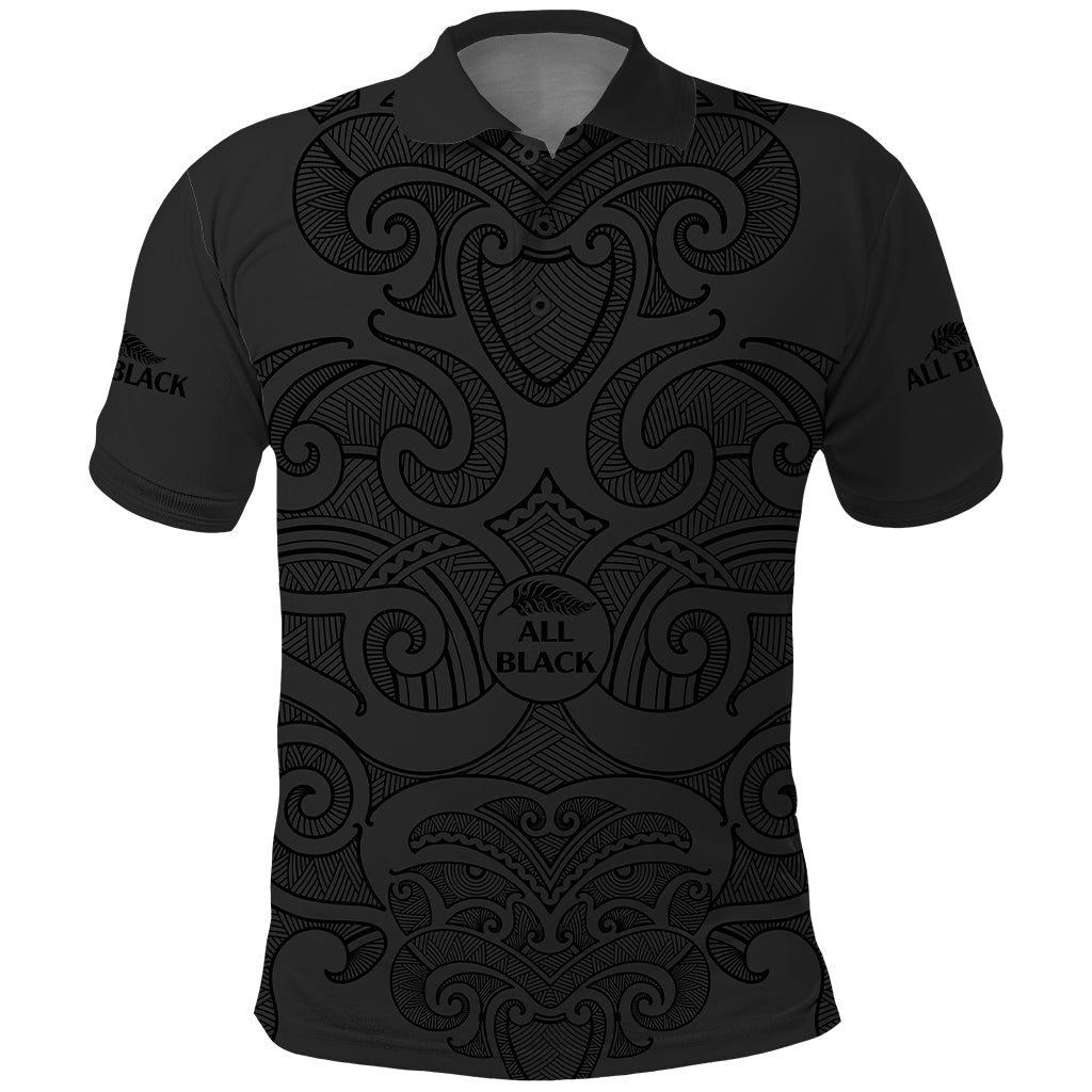 New Zealand Rugby Polo Shirt All Black Fern with Maori Tribal Pattern LT9 Black - Polynesian Pride