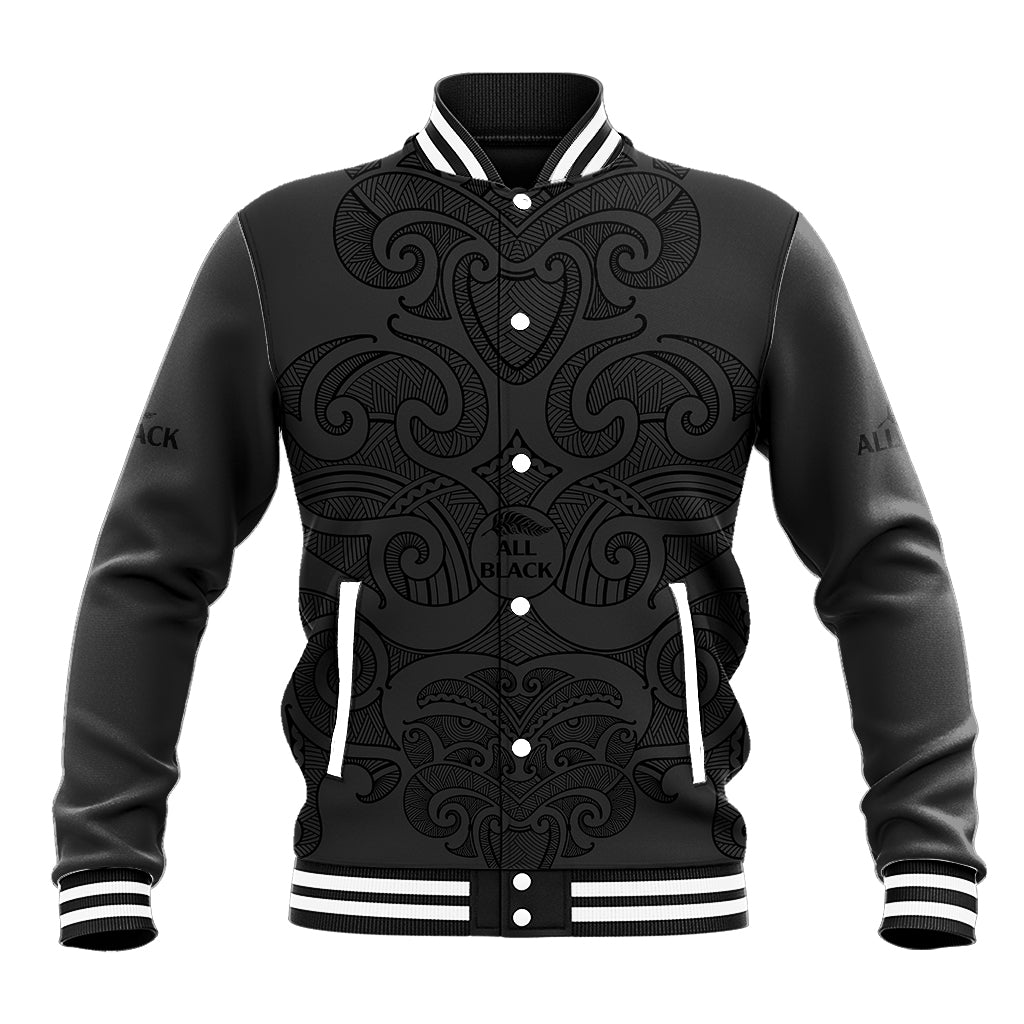 (Custom Text And Number) New Zealand Rugby Baseball Jacket All Black Fern with Maori Tribal Pattern LT9 Unisex Black - Polynesian Pride