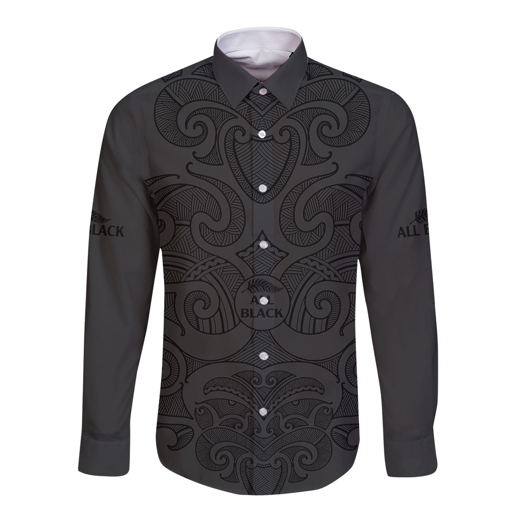 (Custom Text And Number) New Zealand Rugby Long Sleeve Button Shirt All Black Fern with Maori Tribal Pattern LT9 Unisex Black - Polynesian Pride