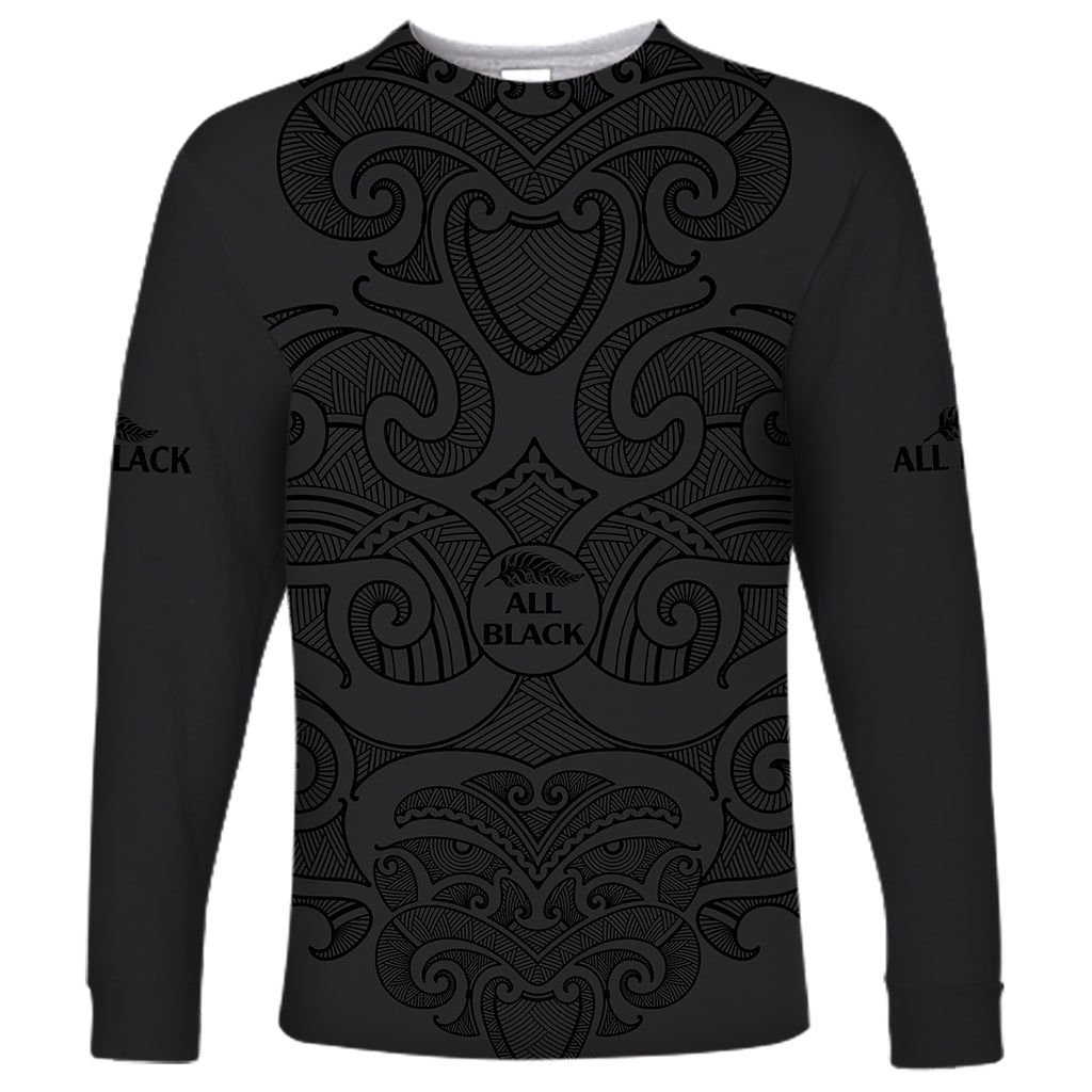 (Custom Text And Number) New Zealand Rugby Long Sleeve Shirt All Black Fern with Maori Tribal Pattern LT9 Unisex Black - Polynesian Pride