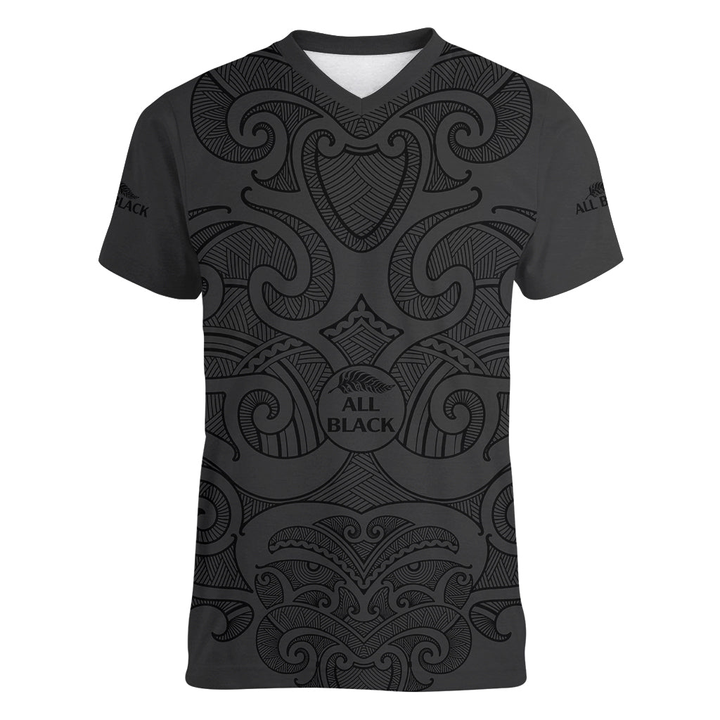 (Custom Text And Number) New Zealand Rugby Women V Neck T Shirt All Black Fern with Maori Tribal Pattern LT9 Female Black - Polynesian Pride