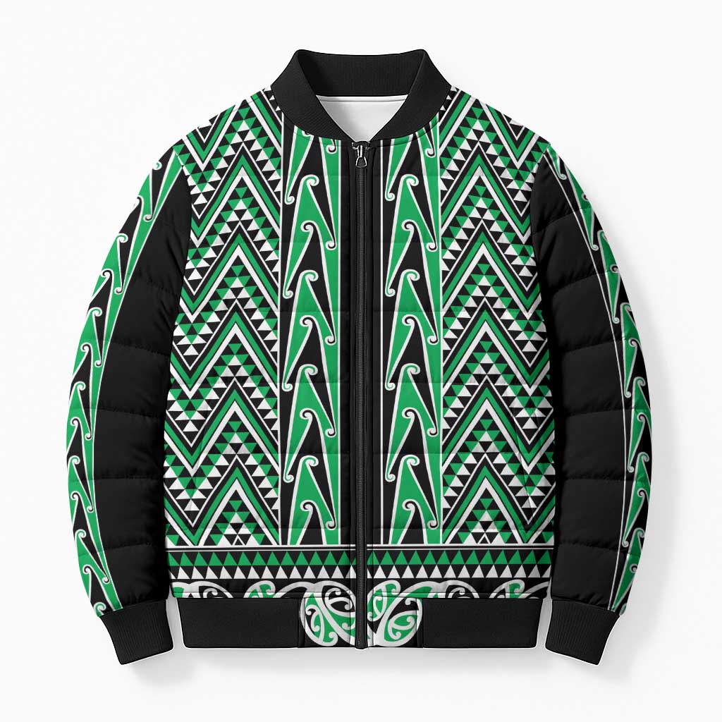 New Zealand Maori Niho Taniwha Bomber Puffer Jacket Kakariki Mangopare and Puhoro Pattern LT9 Unisex Green - Polynesian Pride
