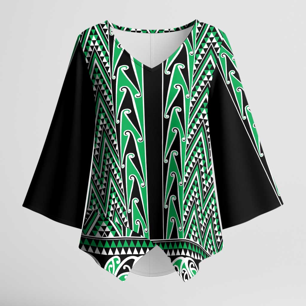New Zealand Maori Niho Taniwha Kimono Sleeve Blouse Kakariki Mangopare and Puhoro Pattern LT9 Female Green - Polynesian Pride