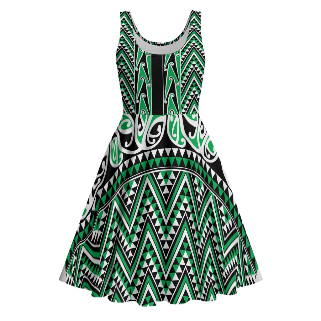 New Zealand Maori Niho Taniwha Midi Dress Kakariki Mangopare and Puhoro Pattern LT9 Green - Polynesian Pride