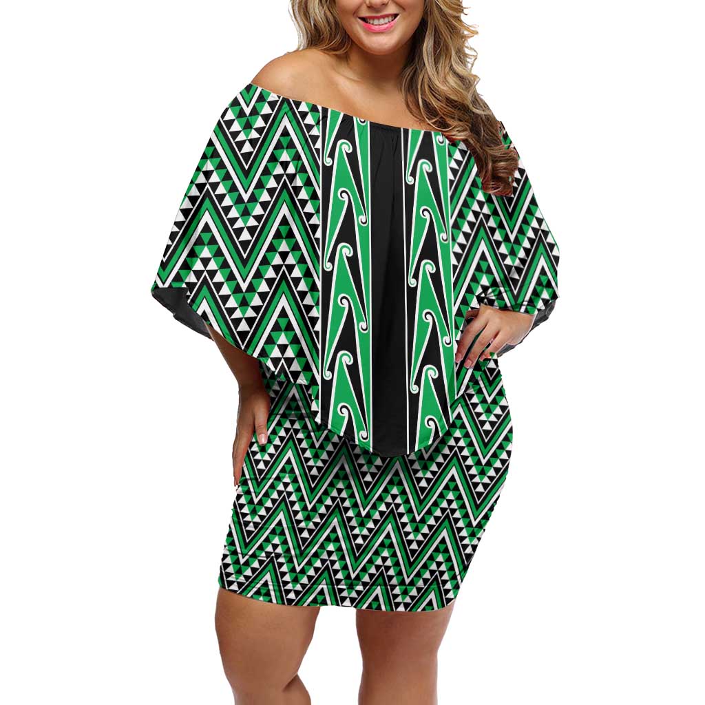 New Zealand Maori Niho Taniwha Off Shoulder Short Dress Kakariki Mangopare and Puhoro Pattern LT9 Women Green - Polynesian Pride