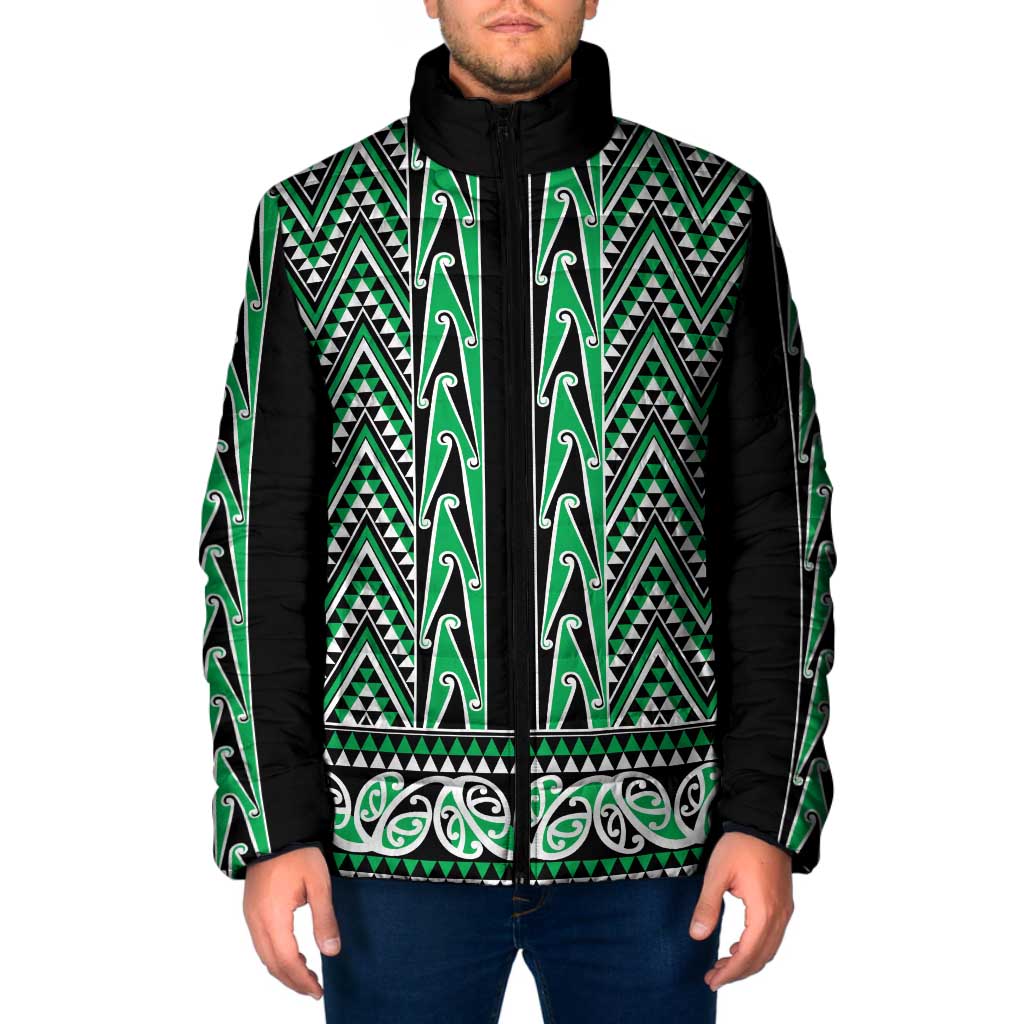 New Zealand Maori Niho Taniwha Padded Jacket Kakariki Mangopare and Puhoro Pattern LT9 Men Green - Polynesian Pride