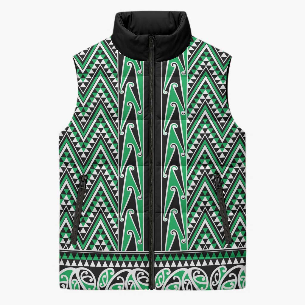 New Zealand Maori Niho Taniwha Sleeveless Puffer Jacket Kakariki Mangopare and Puhoro Pattern LT9 Unisex Green - Polynesian Pride
