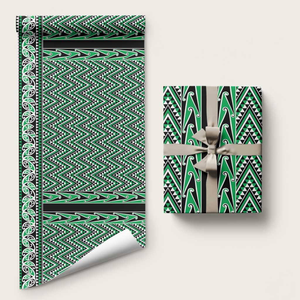New Zealand Maori Niho Taniwha Wrapping Paper Kakariki Mangopare and Puhoro Pattern LT9 58" × 23" Green - Polynesian Pride