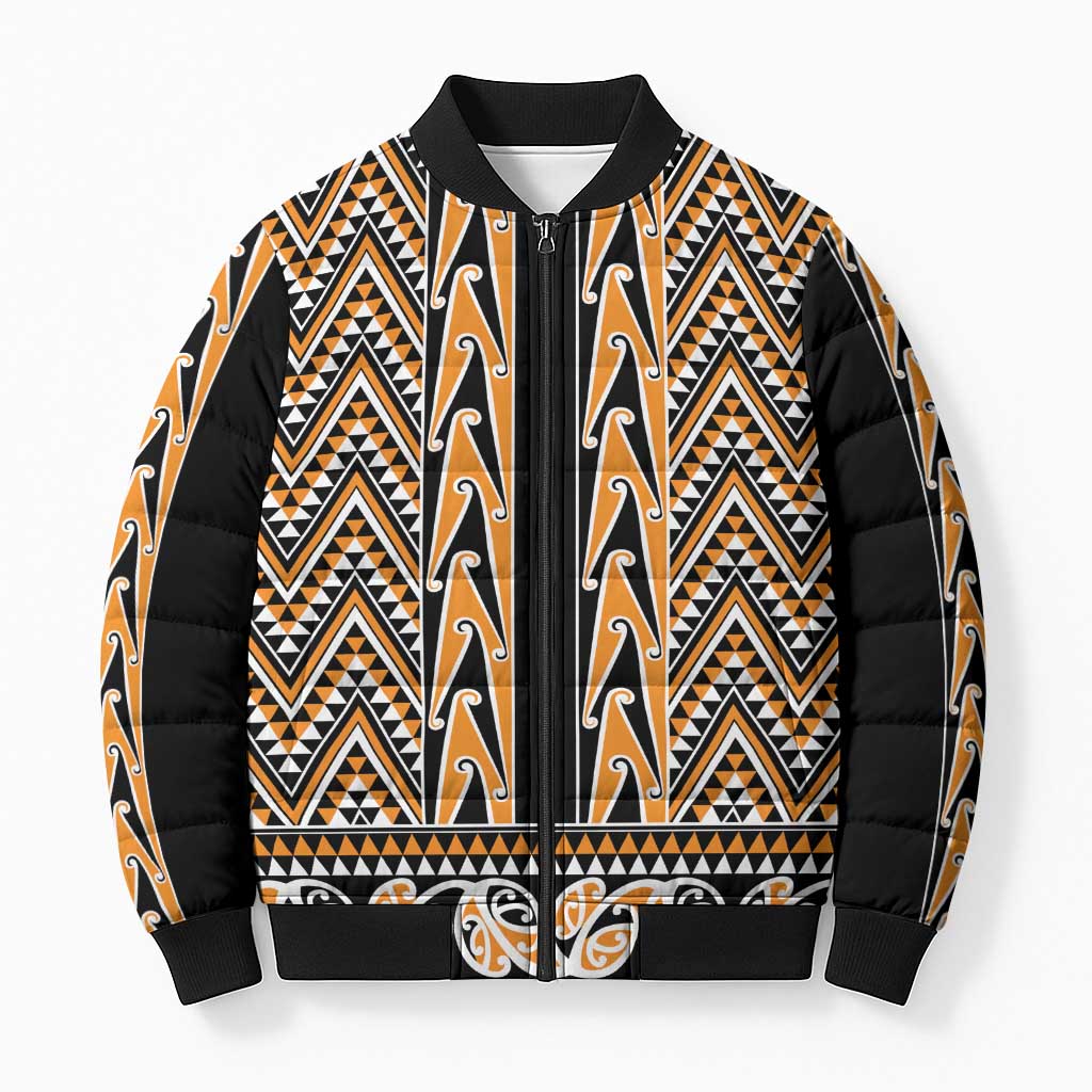 New Zealand Maori Niho Taniwha Bomber Puffer Jacket Karaka Mangopare and Puhoro Pattern LT9 Unisex Gold - Polynesian Pride