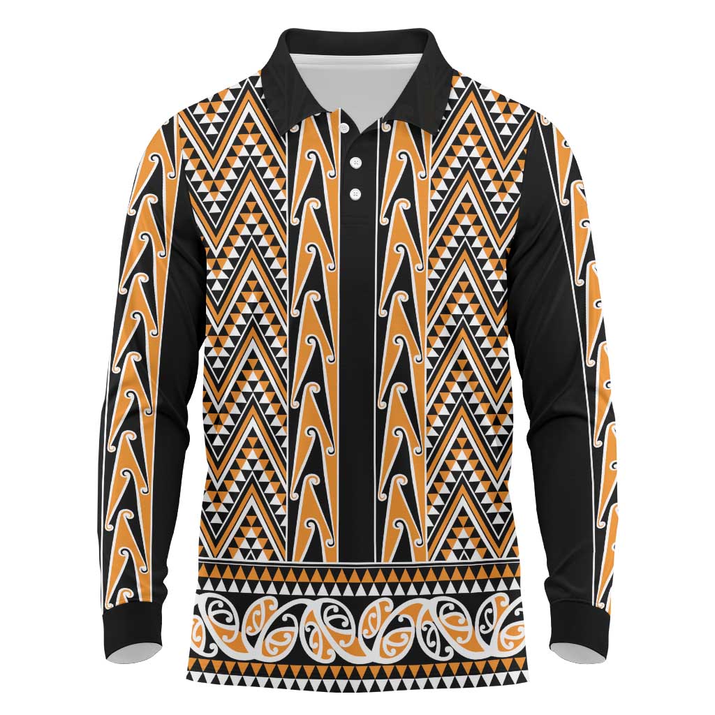 New Zealand Maori Niho Taniwha Long Sleeve Polo Shirt Karaka Mangopare and Puhoro Pattern LT9 Gold - Polynesian Pride