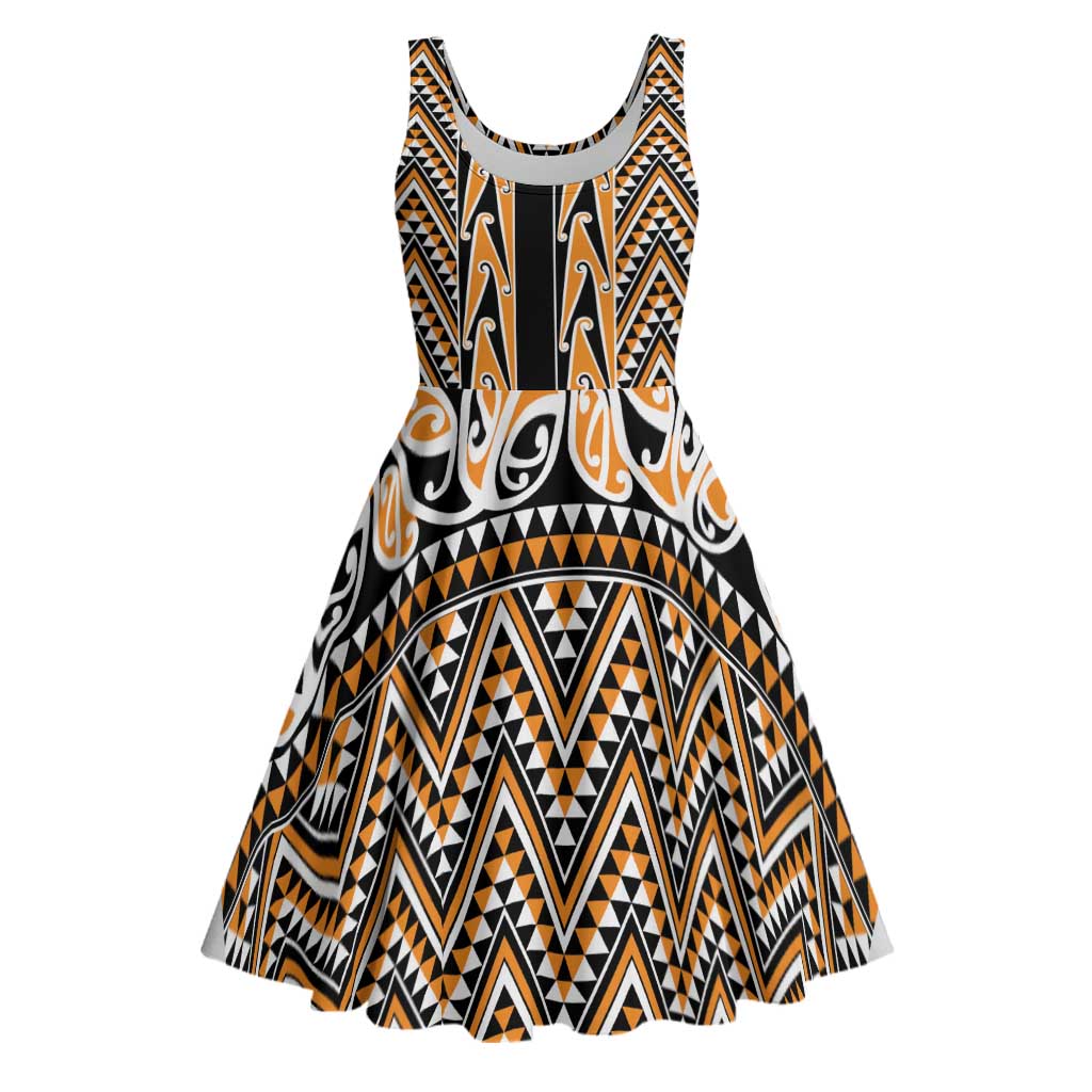 New Zealand Maori Niho Taniwha Midi Dress Karaka Mangopare and Puhoro Pattern LT9 Gold - Polynesian Pride