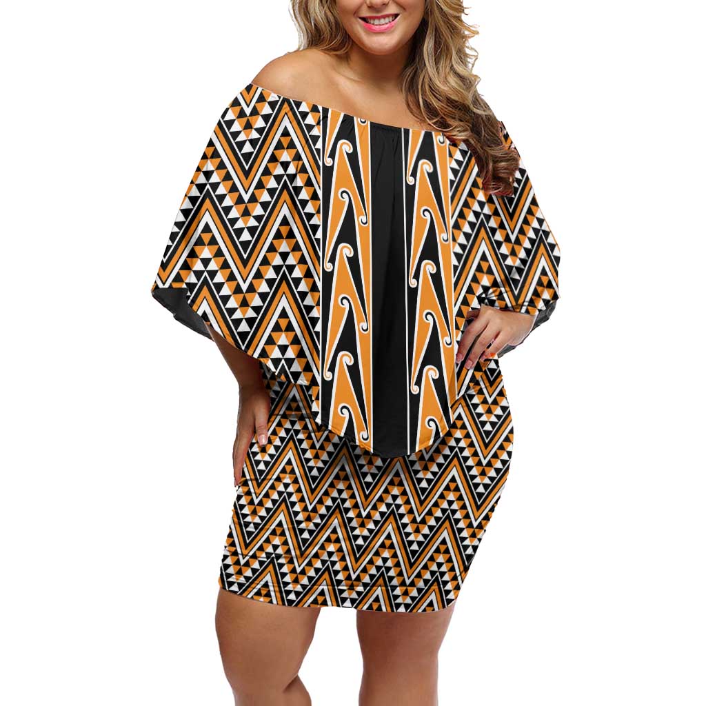 New Zealand Maori Niho Taniwha Off Shoulder Short Dress Karaka Mangopare and Puhoro Pattern LT9 Women Gold - Polynesian Pride