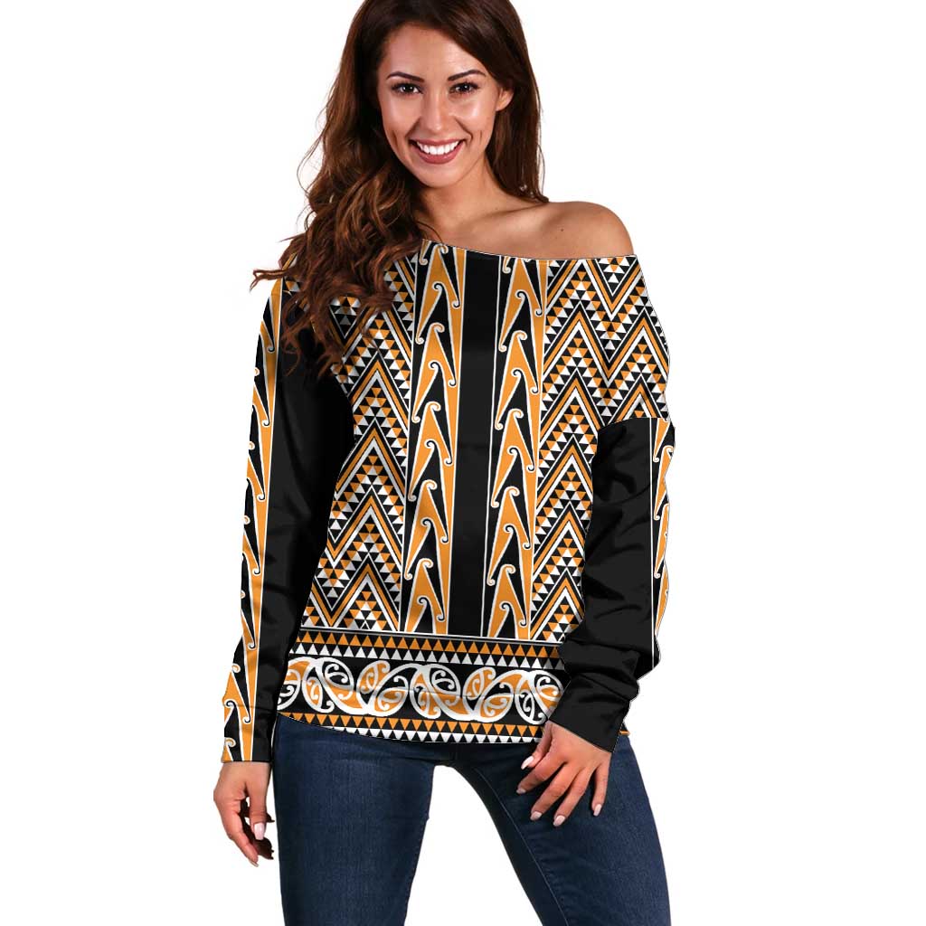 New Zealand Maori Niho Taniwha Off Shoulder Sweater Karaka Mangopare and Puhoro Pattern LT9 Women Gold - Polynesian Pride