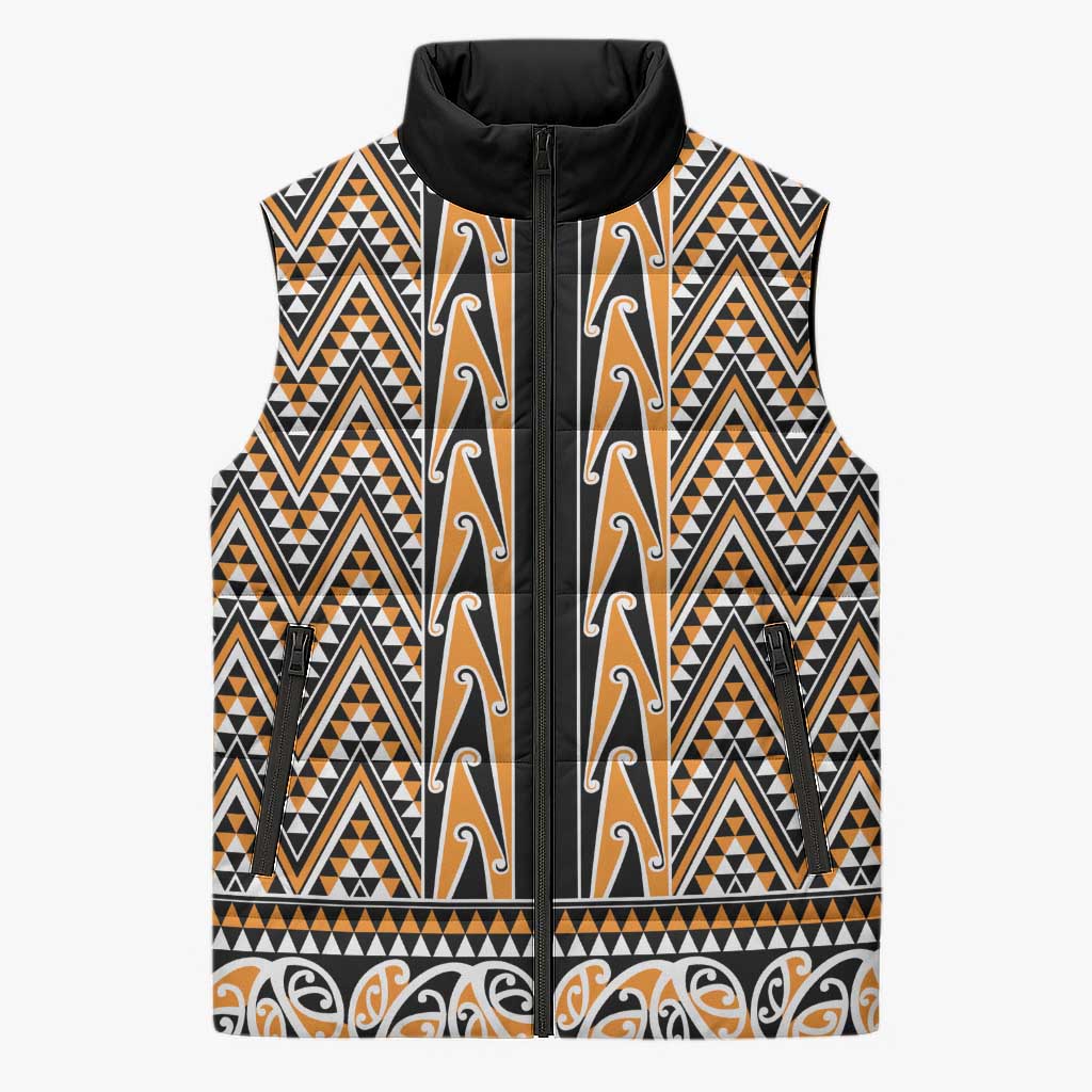 New Zealand Maori Niho Taniwha Sleeveless Puffer Jacket Karaka Mangopare and Puhoro Pattern LT9 Unisex Gold - Polynesian Pride