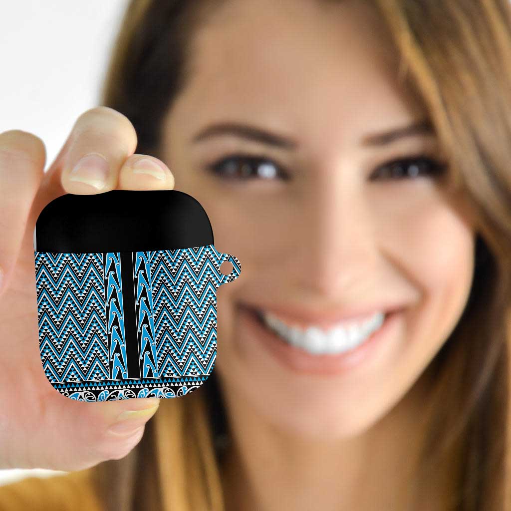 New Zealand Maori Niho Taniwha AirPods Case Kikorangi Mangopare and Puhoro Pattern LT9 Blue - Polynesian Pride
