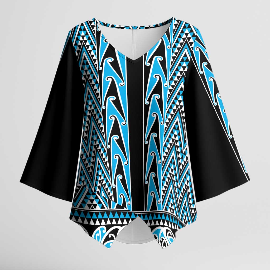 New Zealand Maori Niho Taniwha Kimono Sleeve Blouse Kikorangi Mangopare and Puhoro Pattern LT9 Female Blue - Polynesian Pride