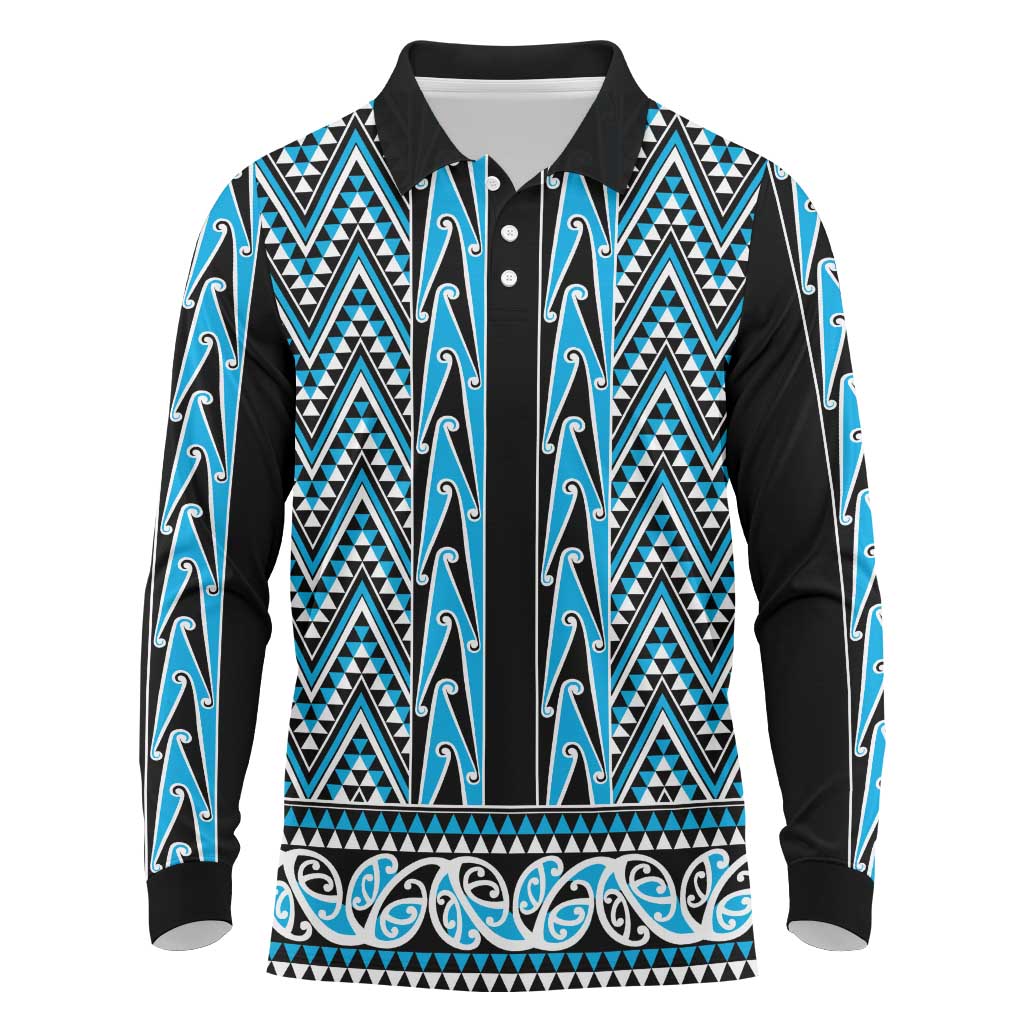 New Zealand Maori Niho Taniwha Long Sleeve Polo Shirt Kikorangi Mangopare and Puhoro Pattern LT9 Blue - Polynesian Pride