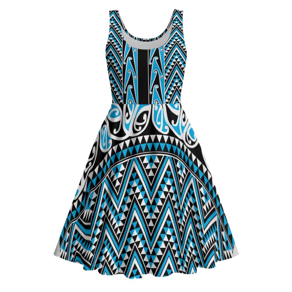 New Zealand Maori Niho Taniwha Midi Dress Kikorangi Mangopare and Puhoro Pattern LT9 Blue - Polynesian Pride