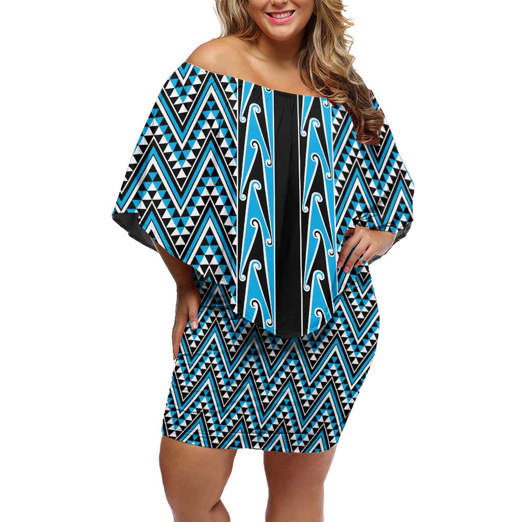 New Zealand Maori Niho Taniwha Off Shoulder Short Dress Kikorangi Mangopare and Puhoro Pattern LT9 Women Blue - Polynesian Pride