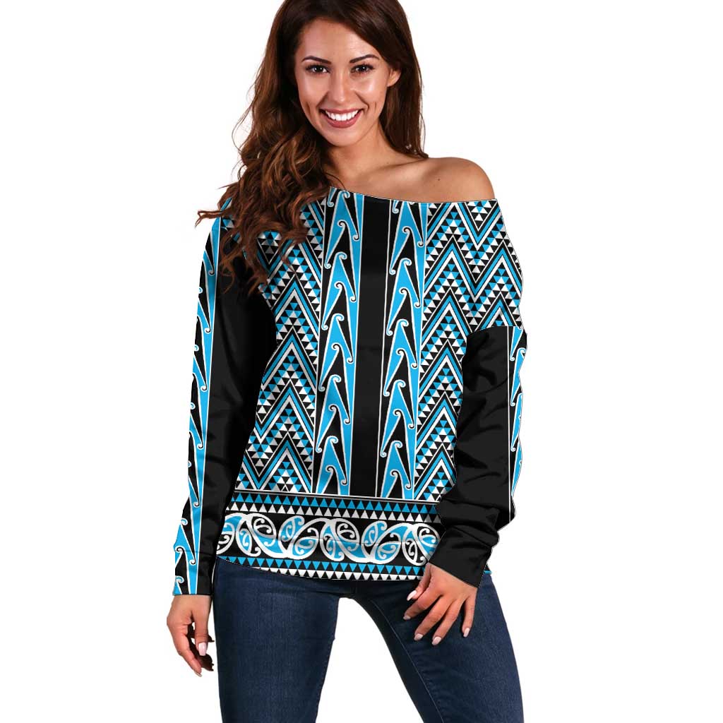 New Zealand Maori Niho Taniwha Off Shoulder Sweater Kikorangi Mangopare and Puhoro Pattern LT9 Women Blue - Polynesian Pride