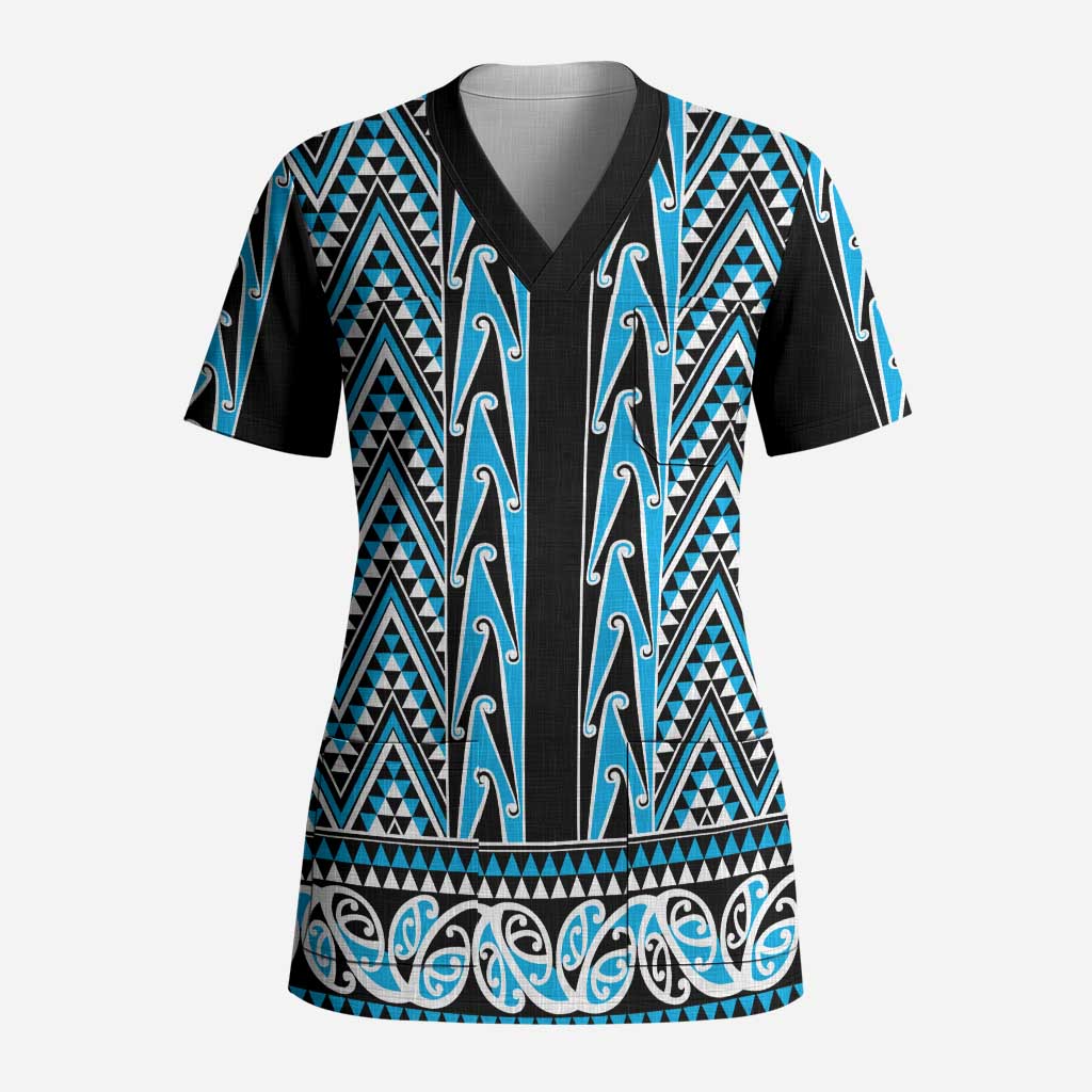 New Zealand Maori Niho Taniwha Scrub Top Kikorangi Mangopare and Puhoro Pattern LT9 Adult Blue - Polynesian Pride