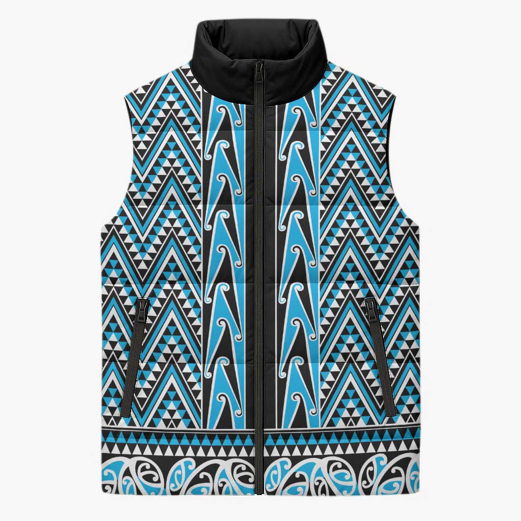 New Zealand Maori Niho Taniwha Sleeveless Puffer Jacket Kikorangi Mangopare and Puhoro Pattern LT9 Unisex Blue - Polynesian Pride