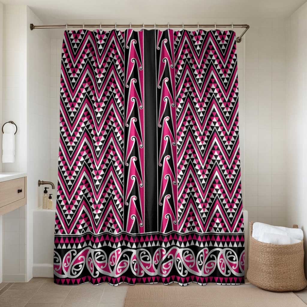 New Zealand Maori Niho Taniwha Bathroom Set Mawhero Mangopare and Puhoro Pattern LT9 Shower Curtain Only Pink - Polynesian Pride